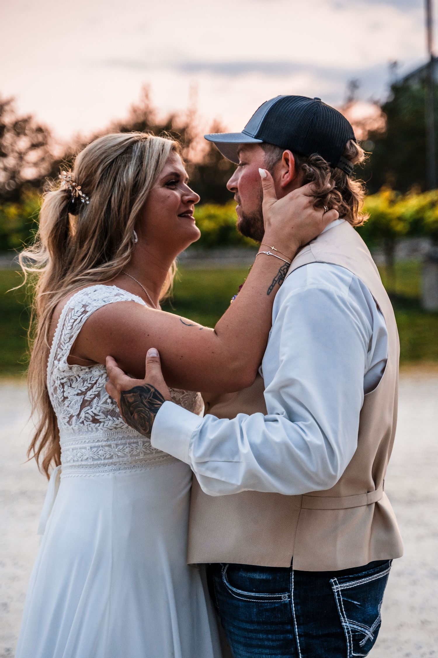 A series of candid dancing moments captured at sunset showing intimate celebration.
