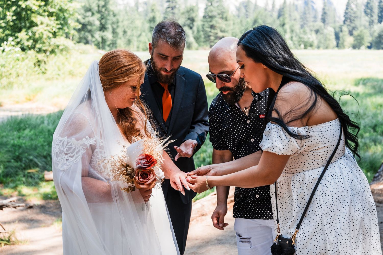 A series of candid wedding photos capturing emotional moments in a natural outdoor setting.