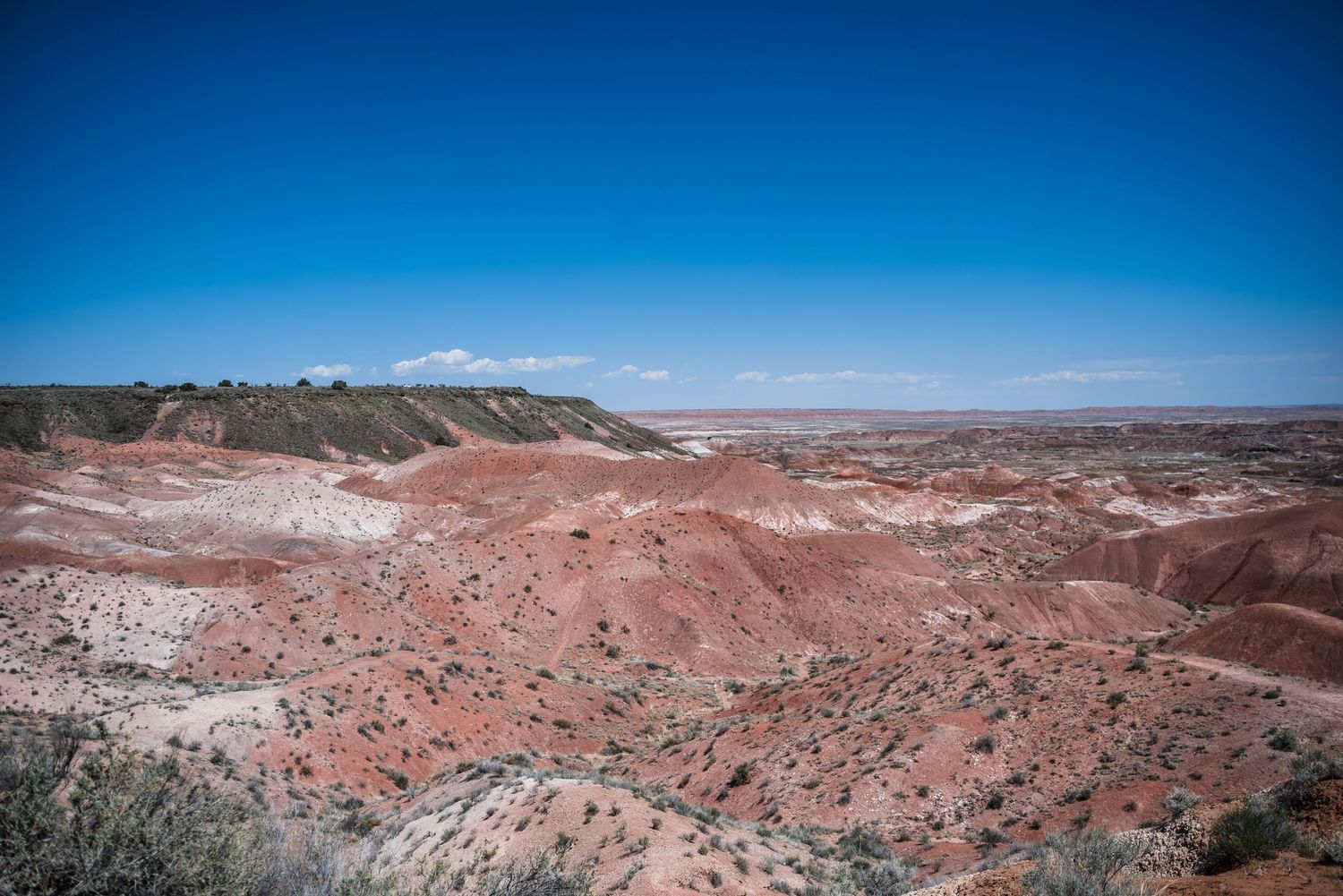 A scenic view of colorful eroded cliffs and badlands in the Painted Desert under bright blue skies.