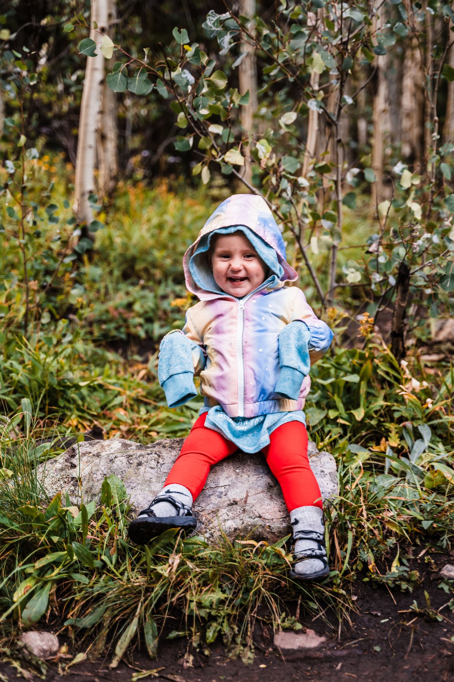Small child in light blue jacket and red pants sits on rock in wooded forest setting.
