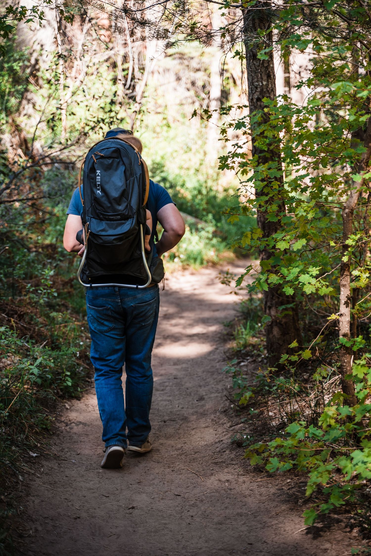 Hiker with backpack walks along a shaded forest trail surrounded by trees and dappled sunlight.