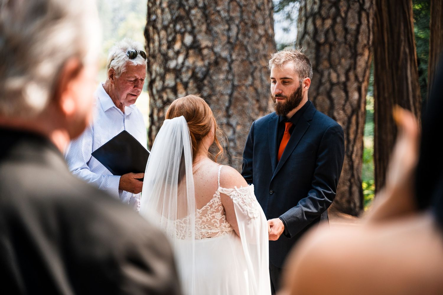A wedding ceremony takes place outdoors among tall pine trees with an officiant presiding over the intimate gathering.