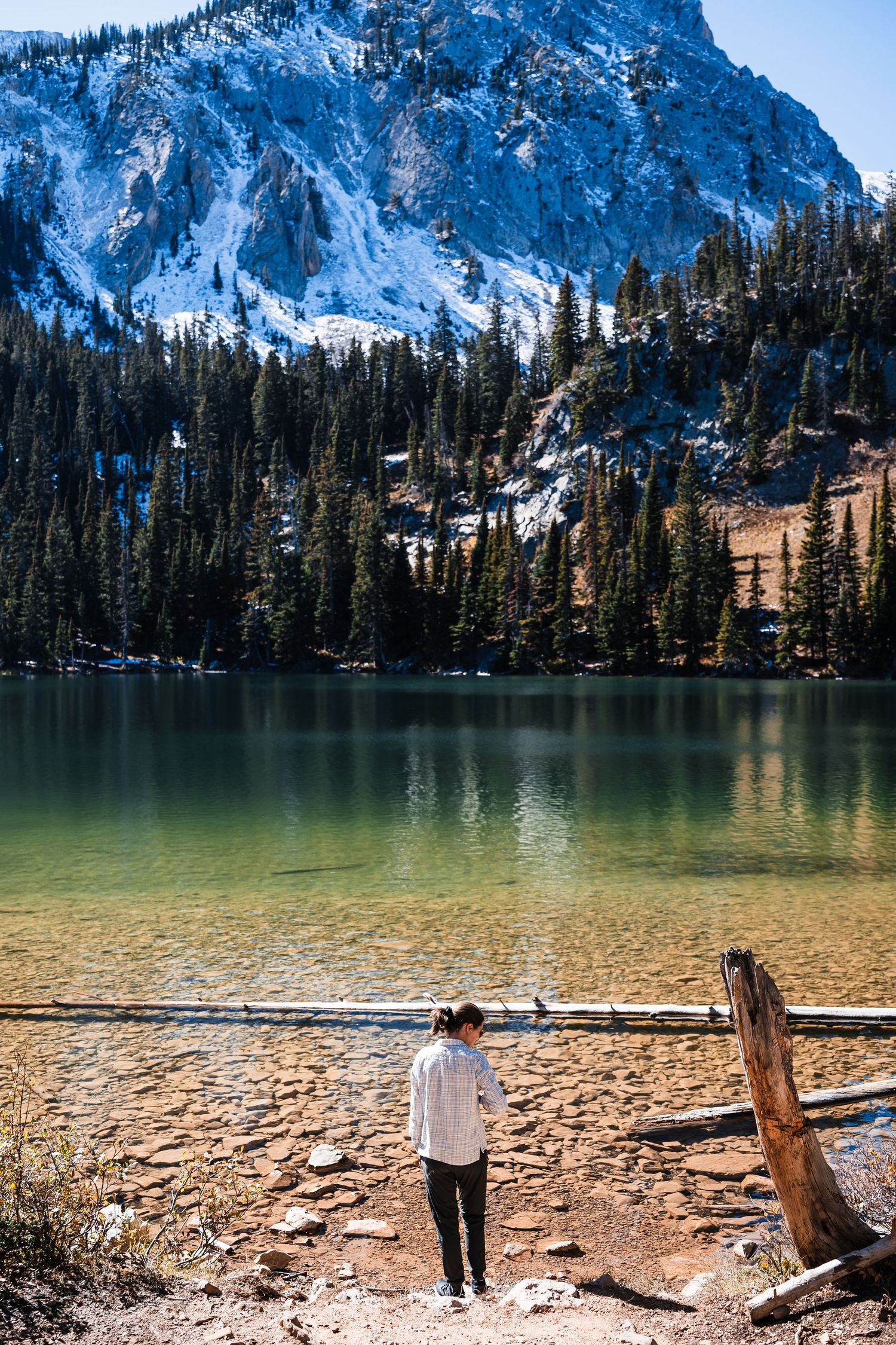 Scenic mountain lake surrounded by snow-capped peaks and evergreen forests with a rocky shoreline in the foreground.
