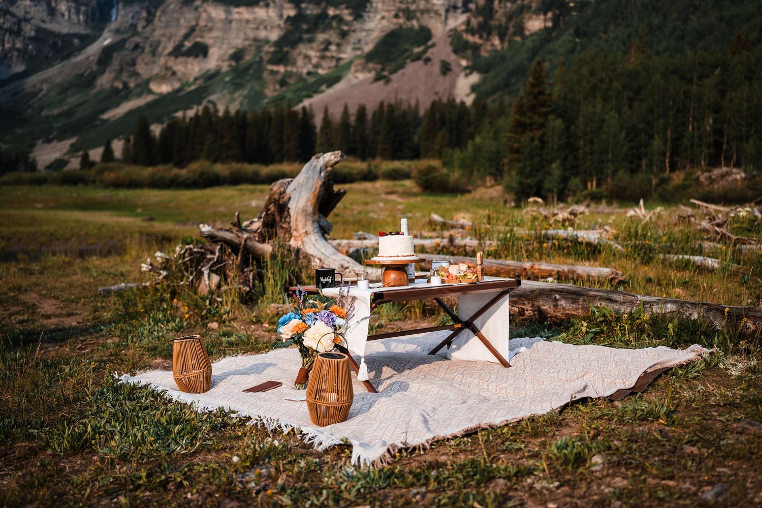 Rustic outdoor wedding picnic setup with floral arrangements on a blanket against a stunning mountain backdrop.