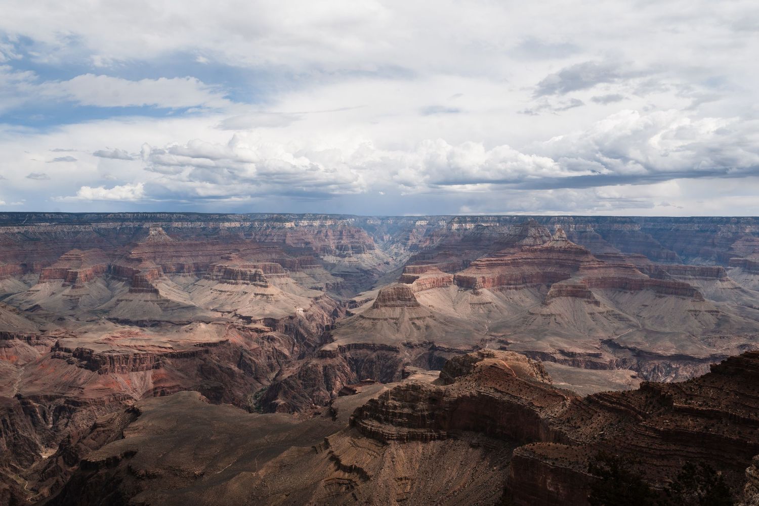 Scenic view of the Grand Canyon's layered red rock formations under dramatic cloudy skies.