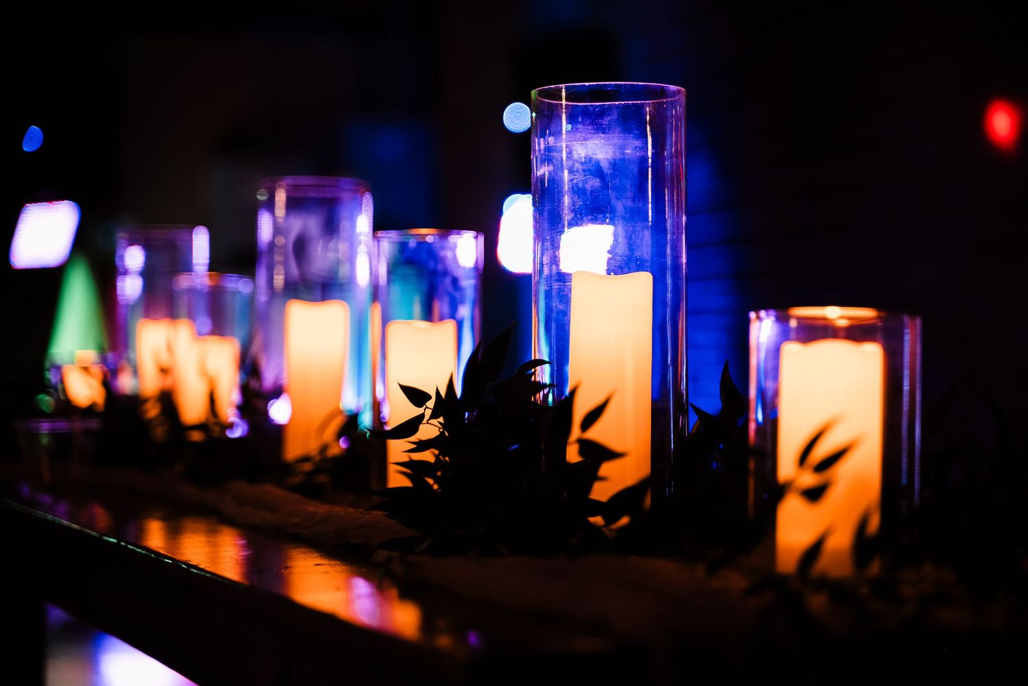 Illuminated glass cylinders with silhouetted leaf patterns glowing in various colors creating a moody ambiance.
