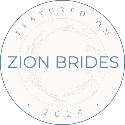 Wedding and event branding badges with circular frames and text.