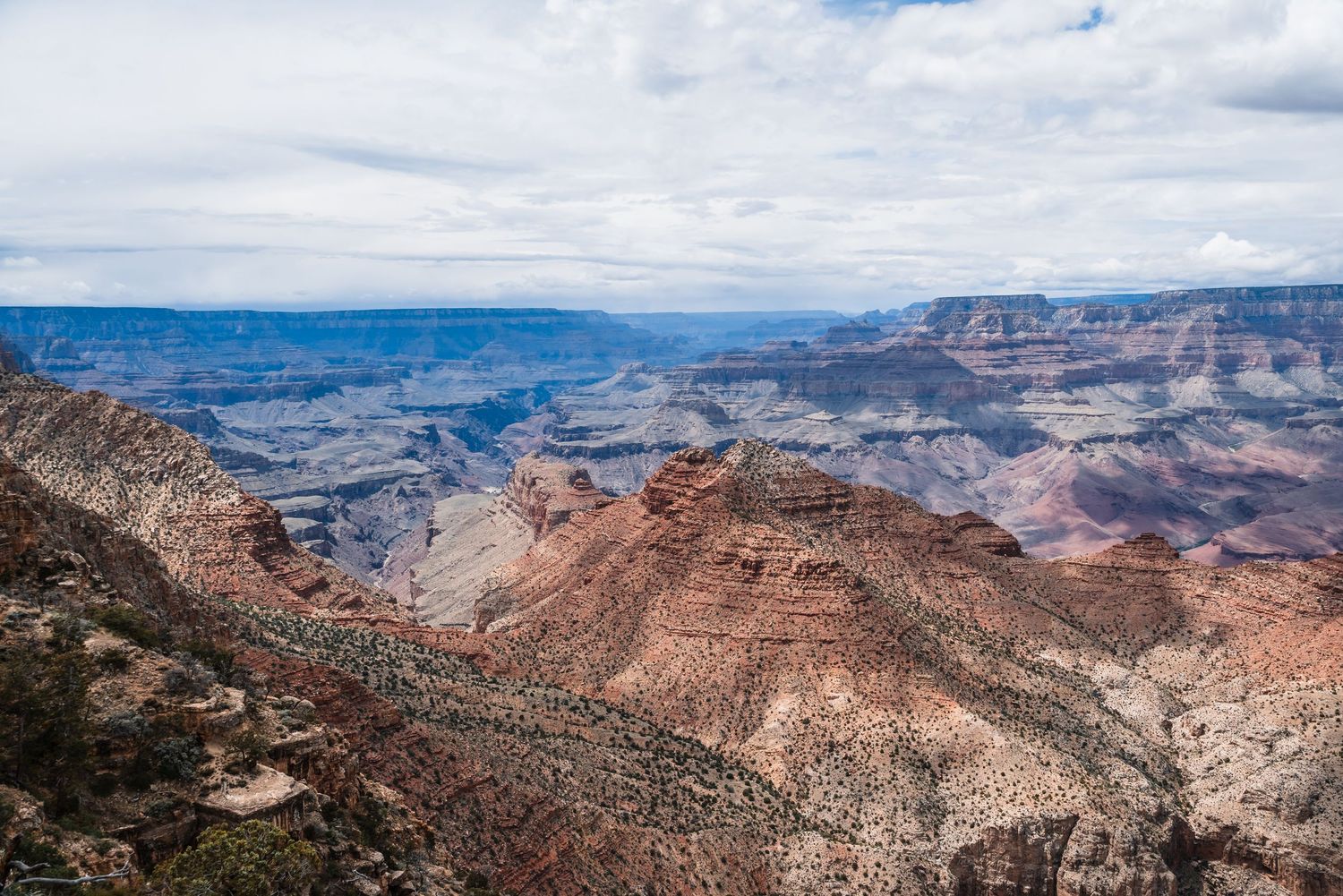 Scenic view of layered red rock formations and deep canyons at Grand Canyon National Park under cloudy skies.