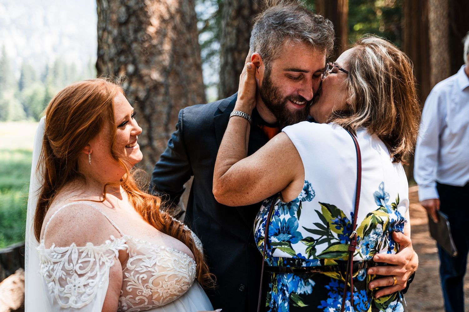 Wedding celebration montage showing joyful moments and interactions between guests outdoors.