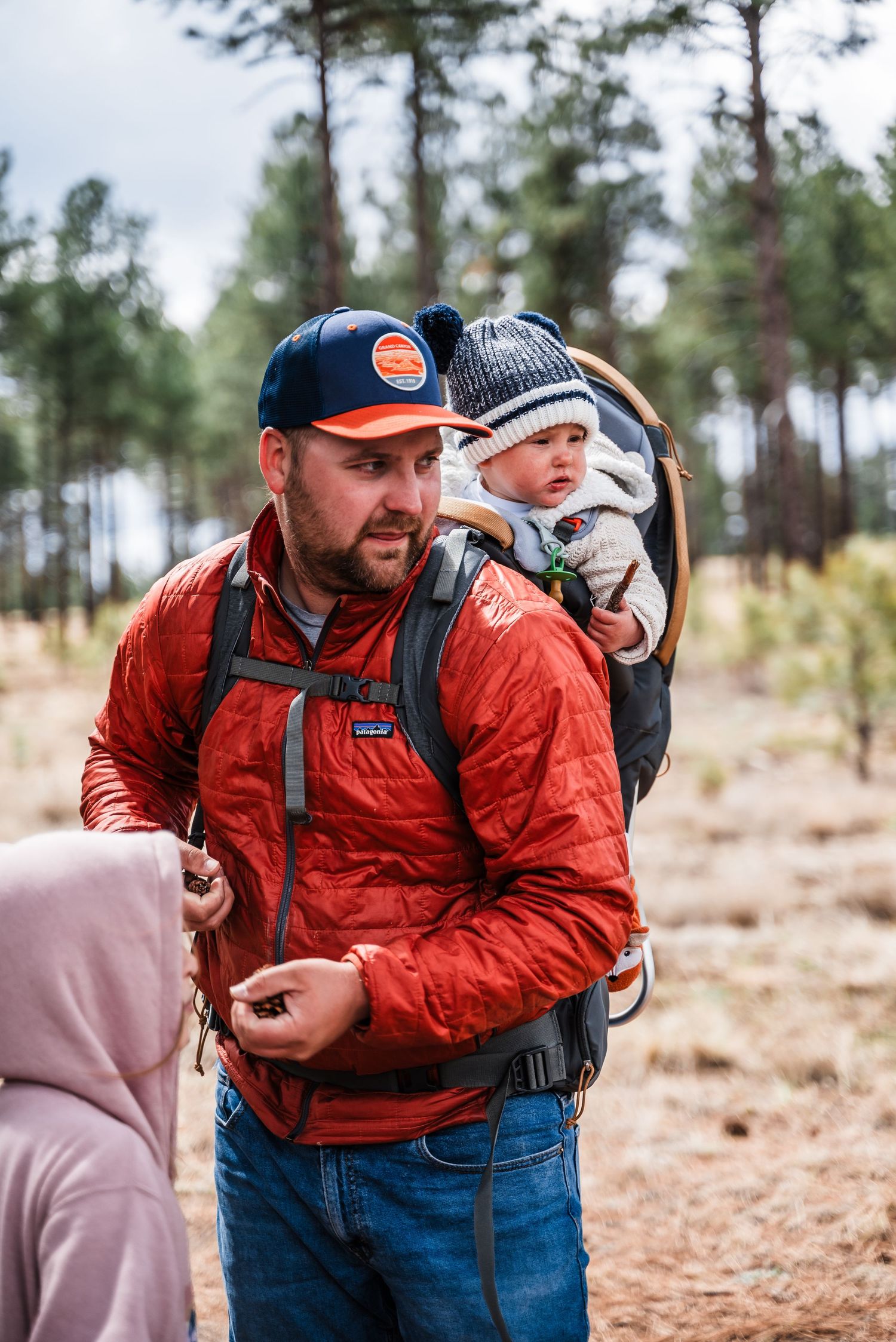 An outdoor adventure scene showing a baby being carried in a hiking backpack on a forest trail.