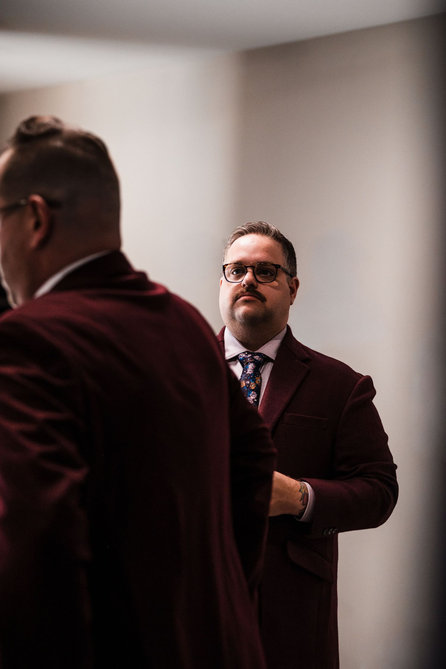 A series of artistic portraits showing guests in formal attire at an indoor event.