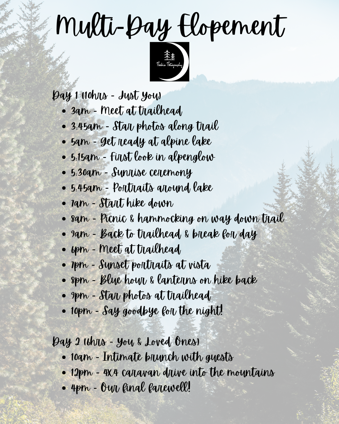 Handwritten two-day multi-day elopement timeline schedule on a misty mountain backdrop with black lettering.