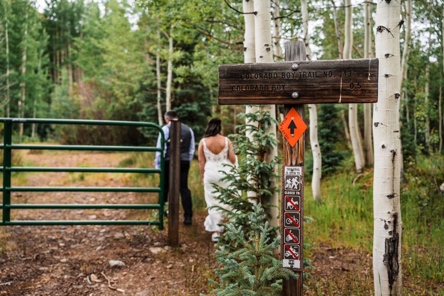 Wedding couple walking through a forest gate surrounded by aspen trees and trail signs.