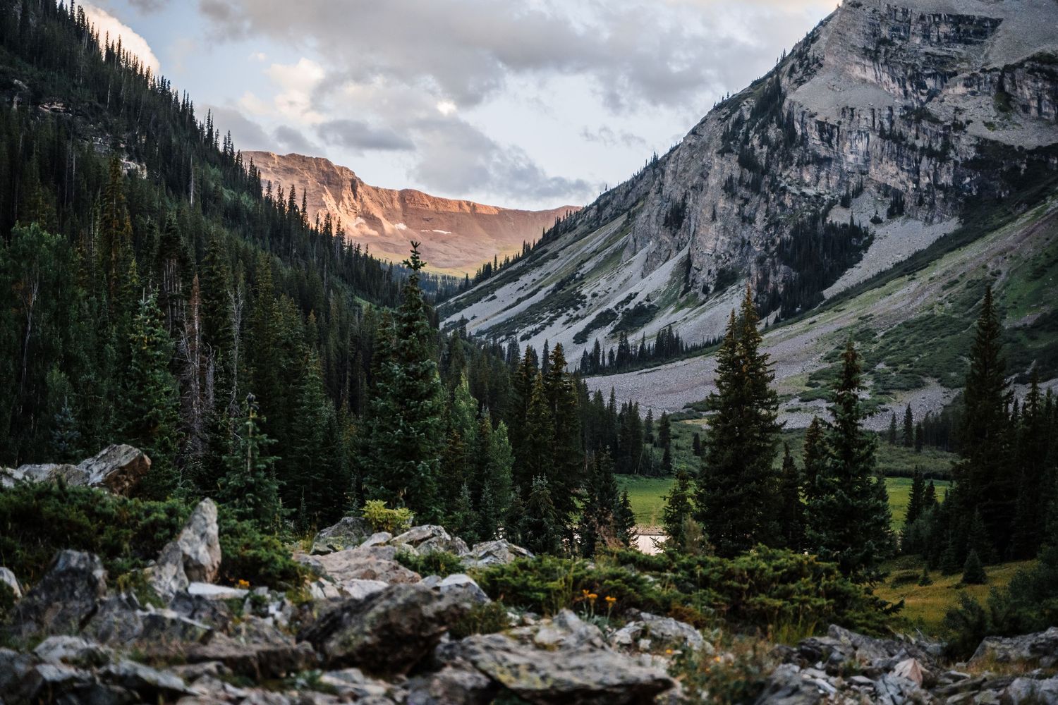 Majestic mountain valley with evergreen forest and dramatic cloudy skies during sunset.