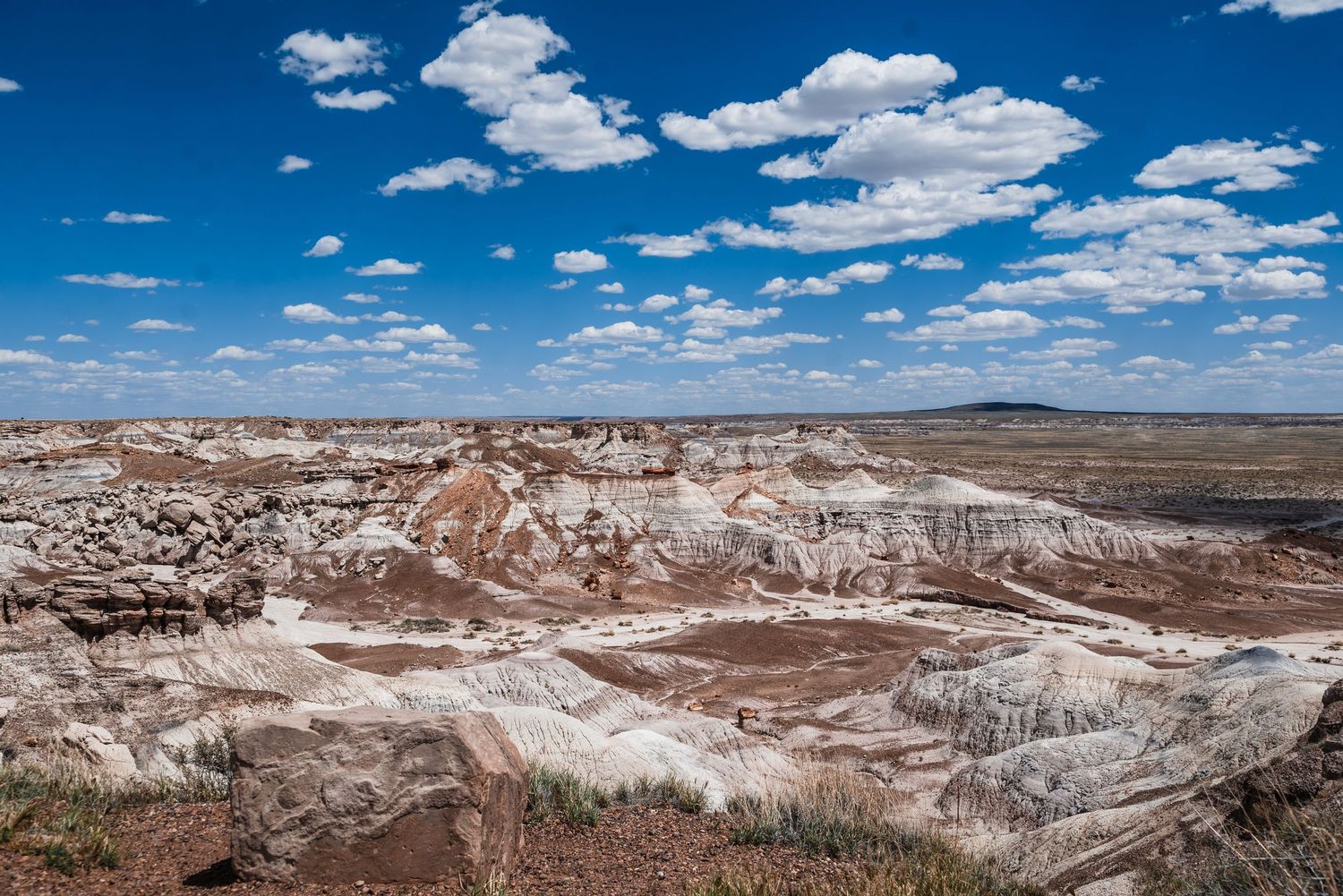 Panoramic view of colorful badlands with white striations under puffy clouds.
