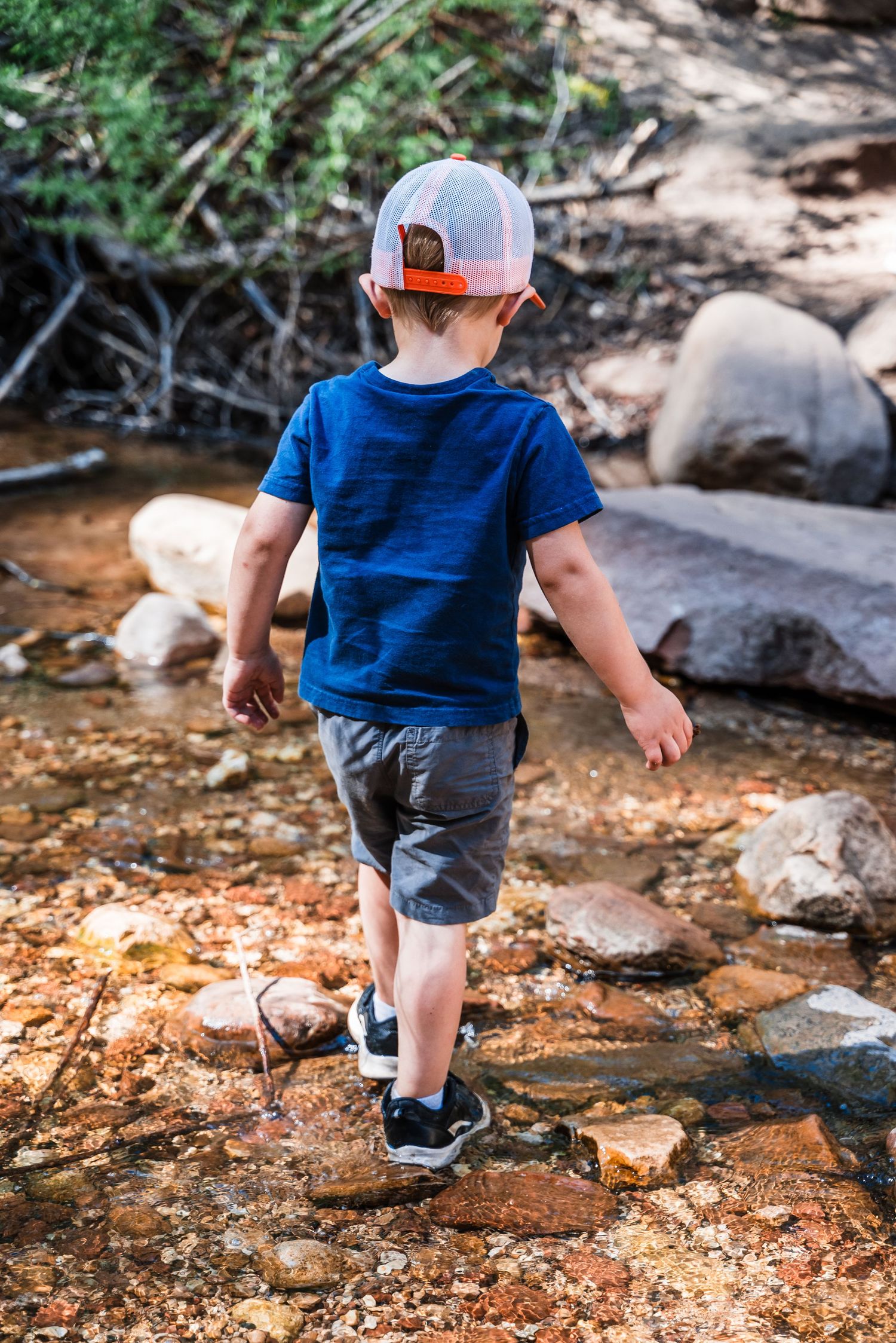 Child in blue shirt and baseball cap walks along a rocky creek bed on a sunny day.