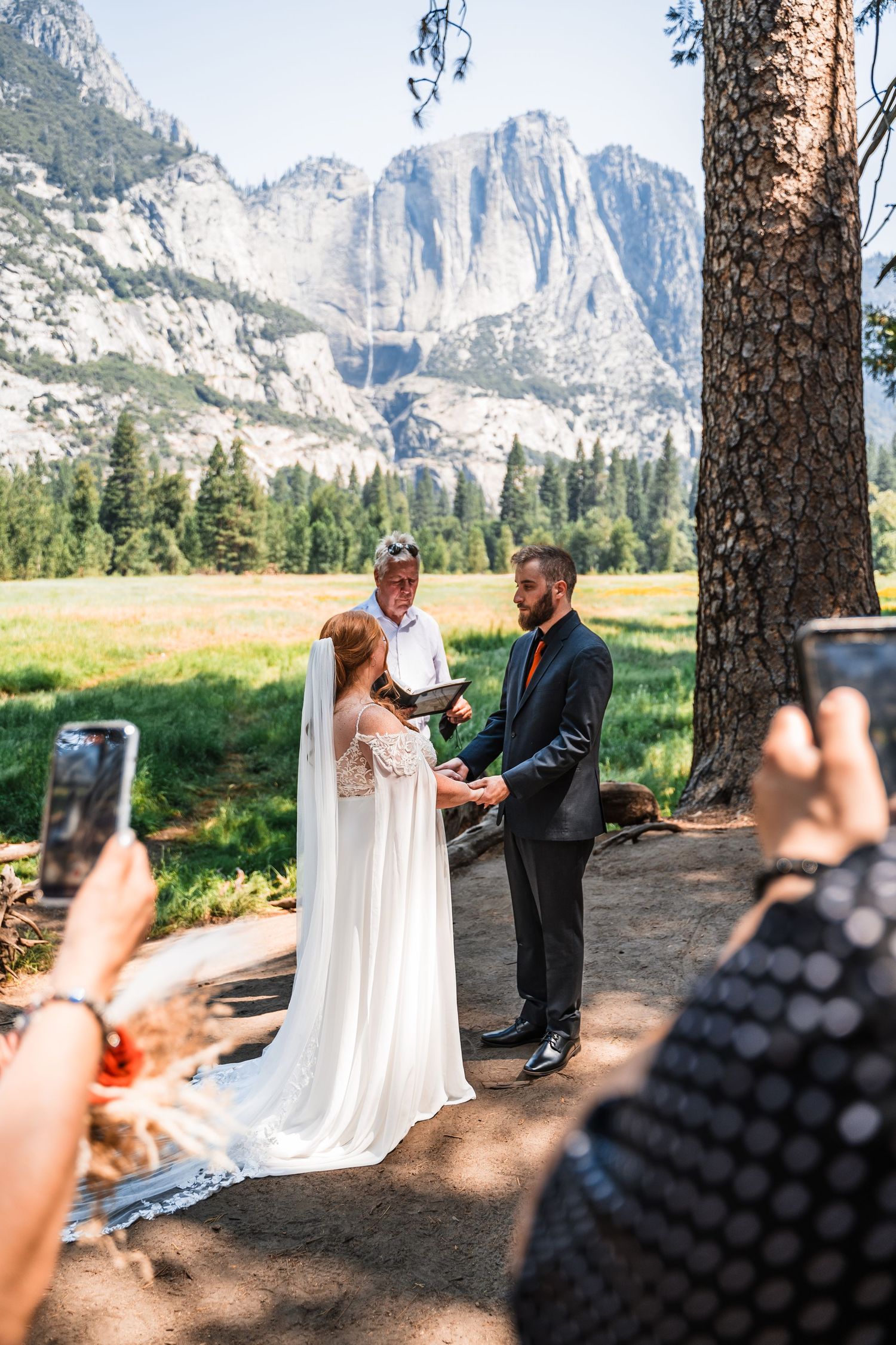 An intimate wedding ceremony takes place in Yosemite National Park with majestic granite cliffs and forest scenery in background.