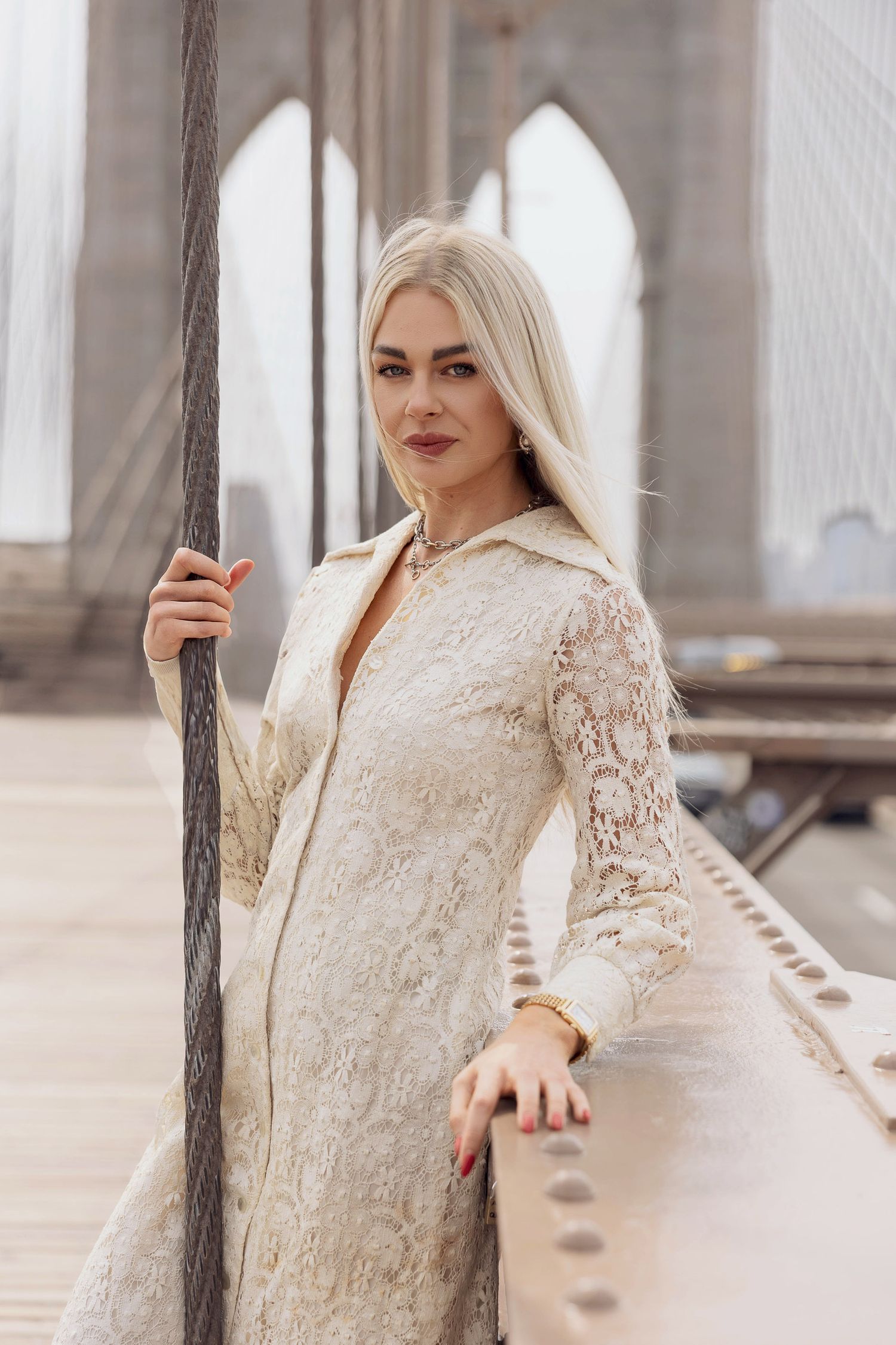 Bride Solo on the Brooklyn bridge in vintage gown in New York City.