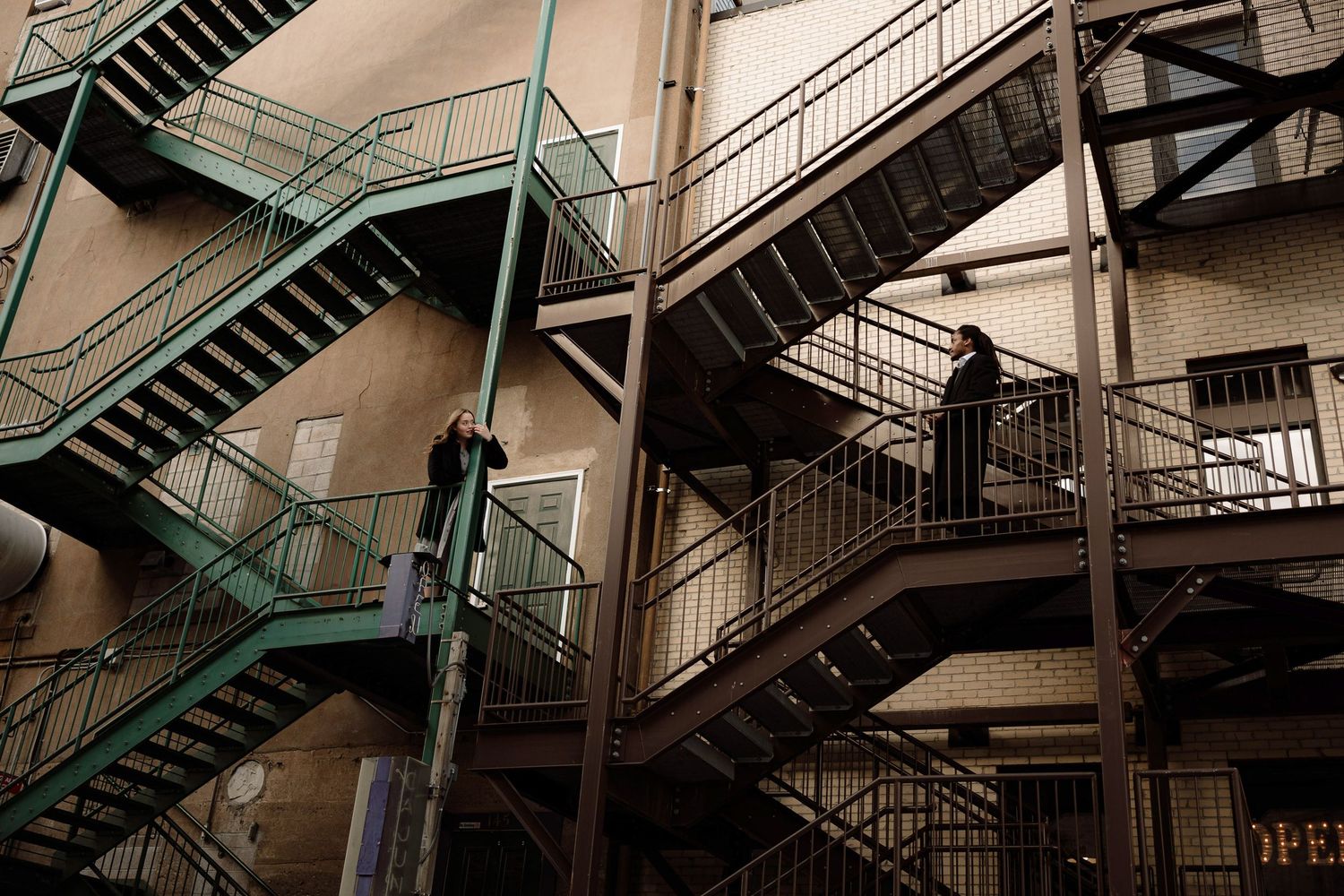 Engagement couple in city setting on stairs. wedding, engagement, elopement, destination the best photographer, upper peninsula, NYC, kauai