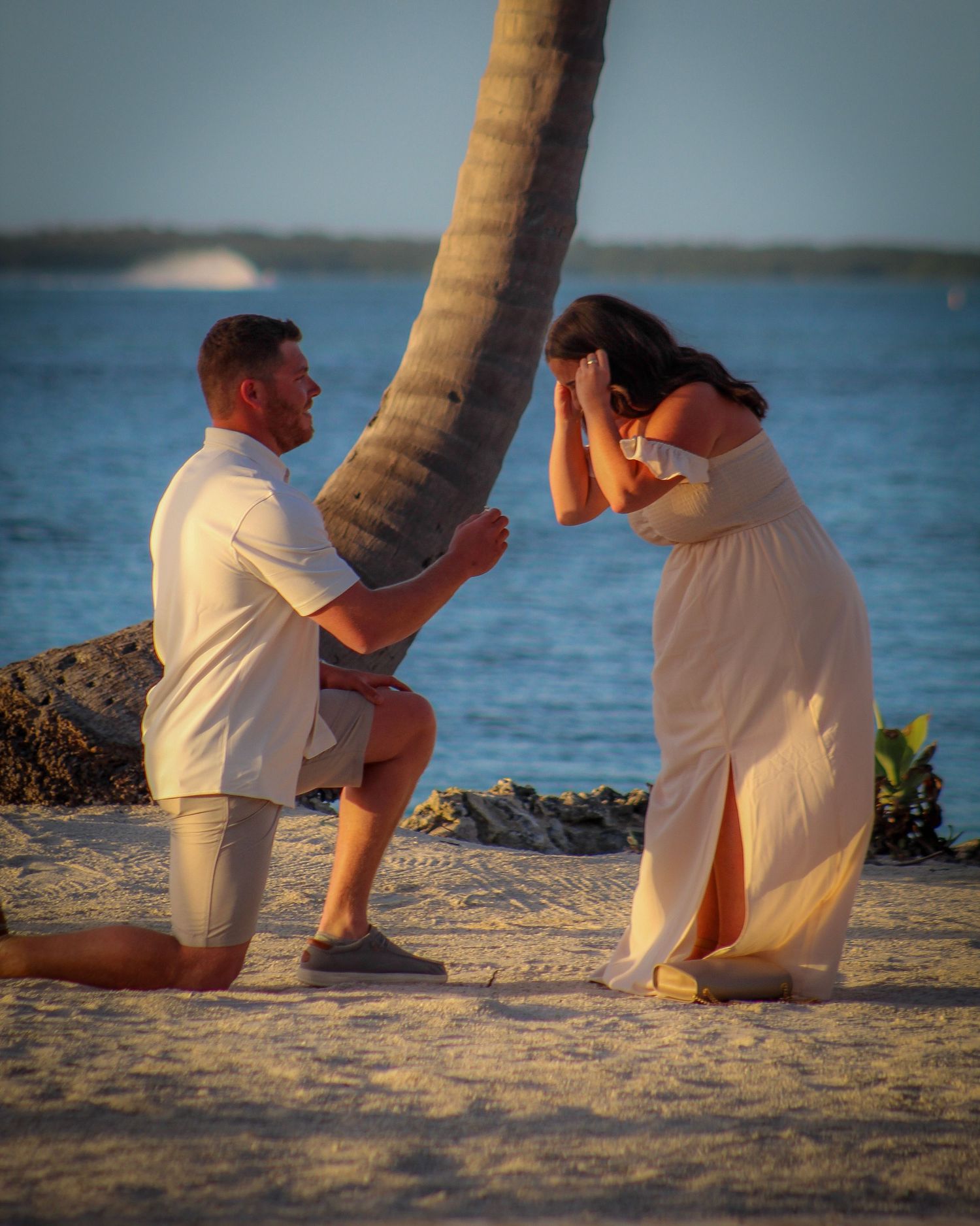 Man proposes on tropical beach at sunset, kneeling before emotional woman in white dress near palm tree.
