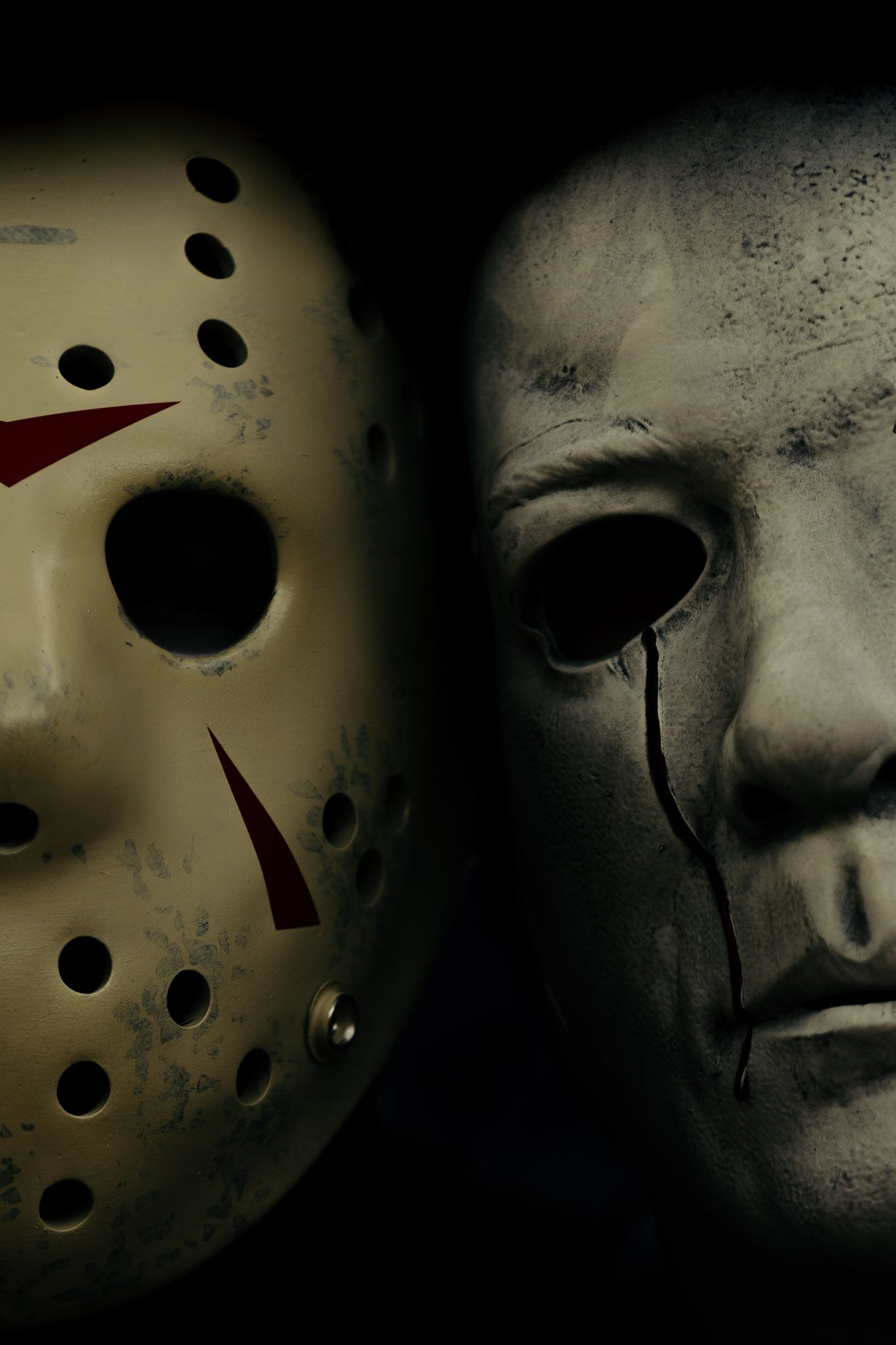 Close-up sequence of hockey mask details in dark atmospheric horror style composition.