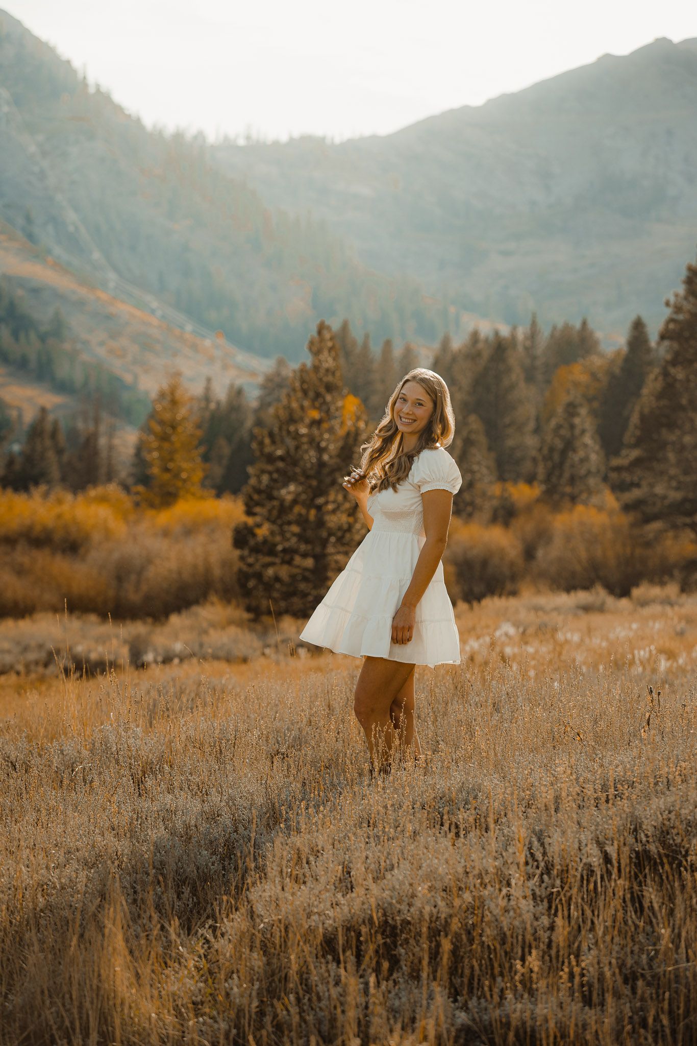 A white dress contrasts beautifully against an autumn mountain landscape with golden grass and evergreen trees.