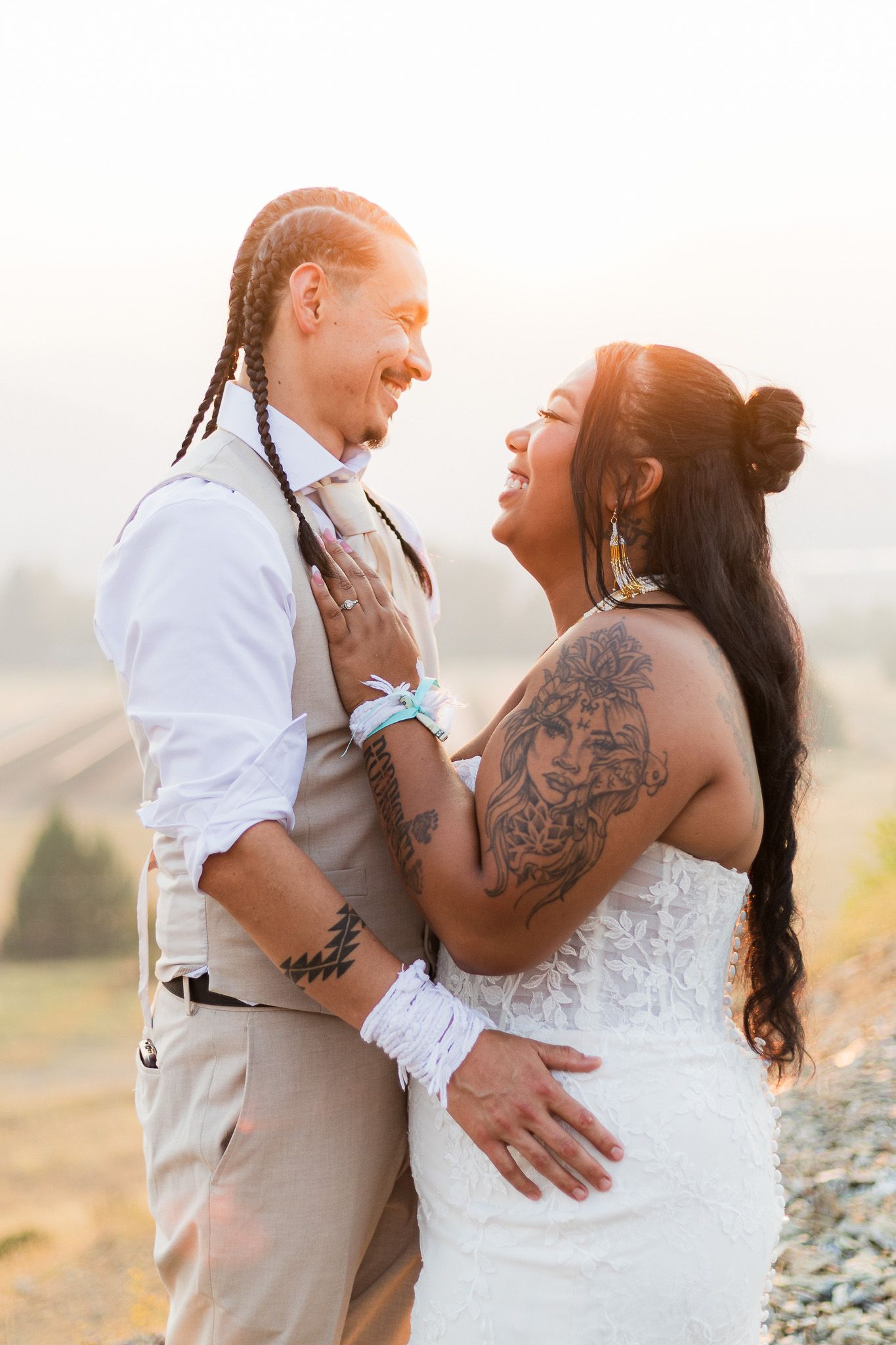 Wedding couple sharing tender moments during golden hour photoshoot.