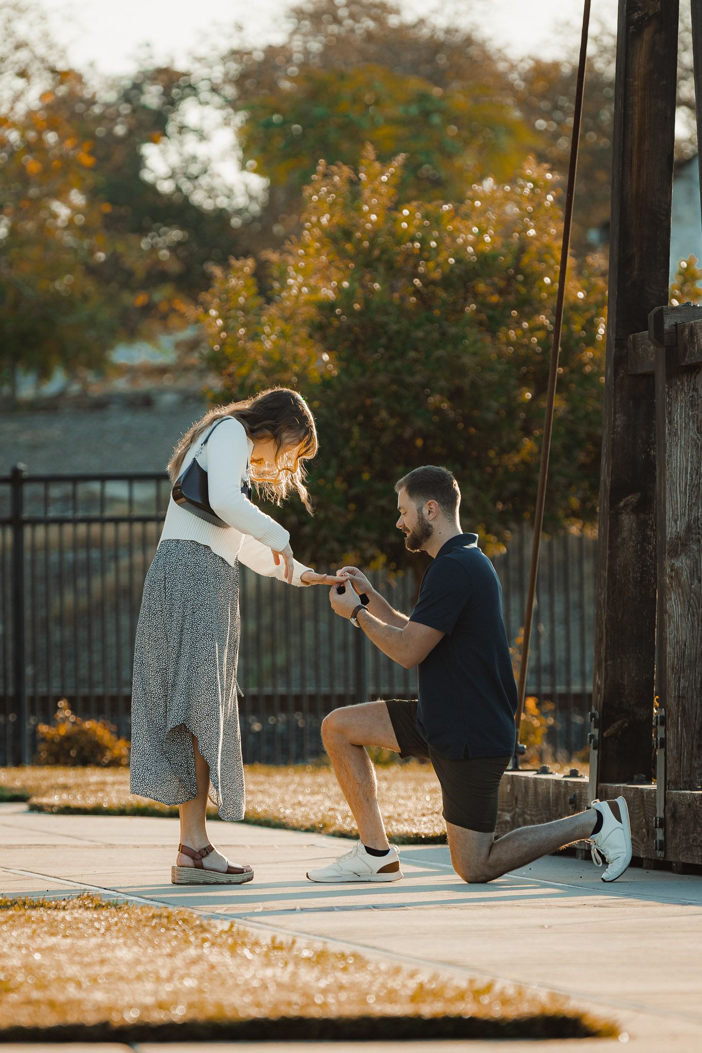 A romantic autumn proposal moment captured at sunset with golden foliage in the background.