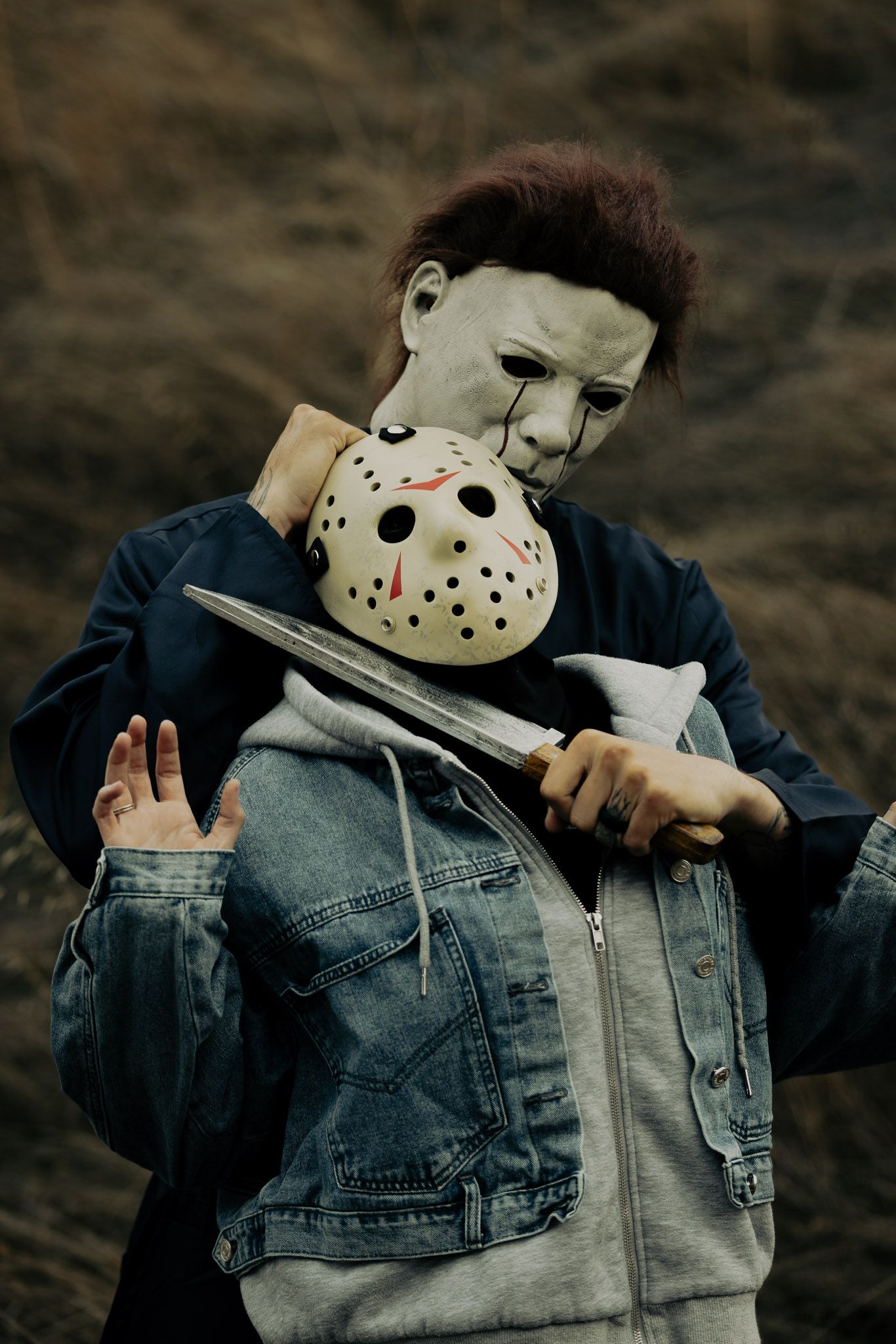 A person wearing a hockey mask and denim jacket poses in a dramatic sequence of photos.