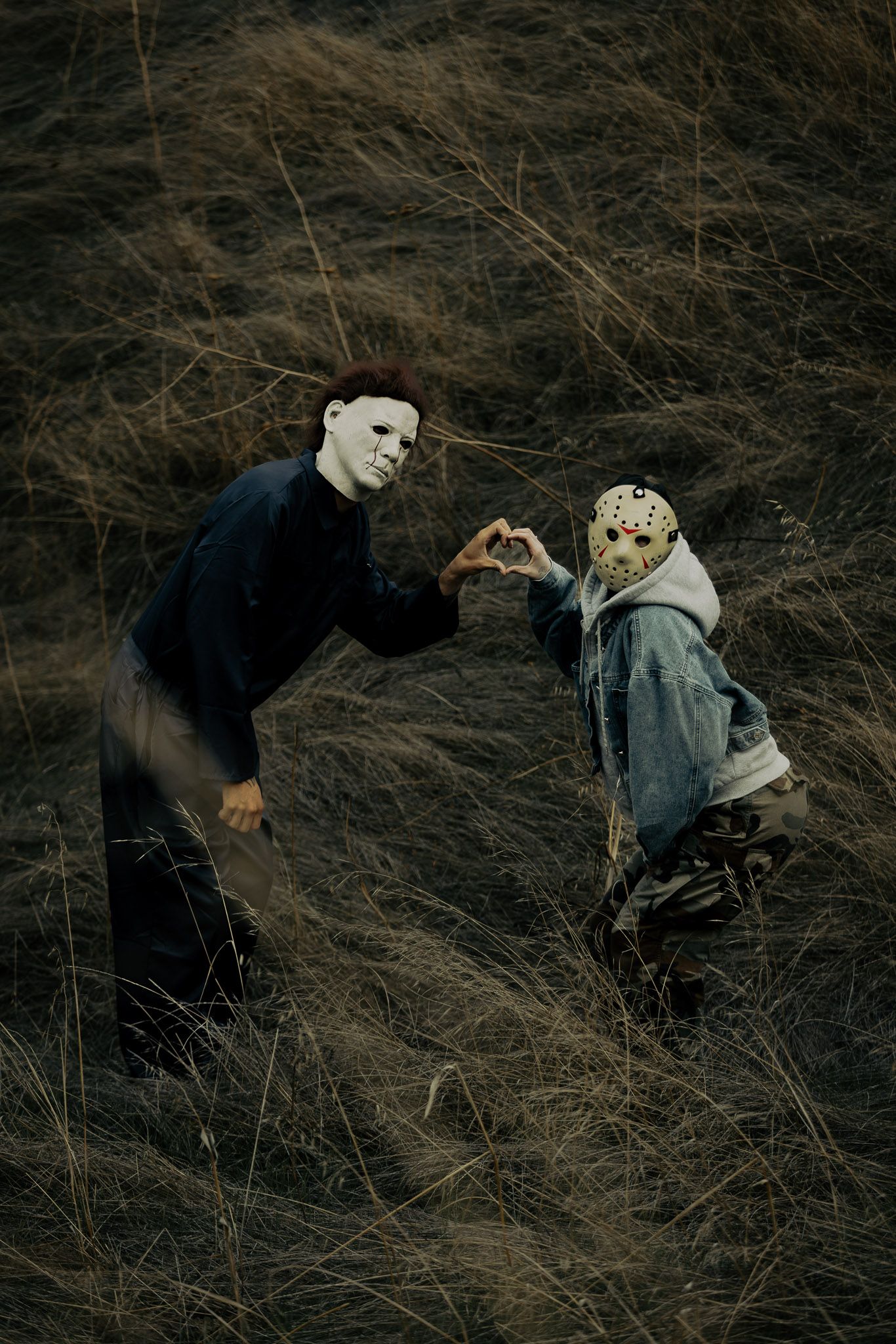 A sequence of photos showing a person and dog lying together on a grassy hillside at dusk.