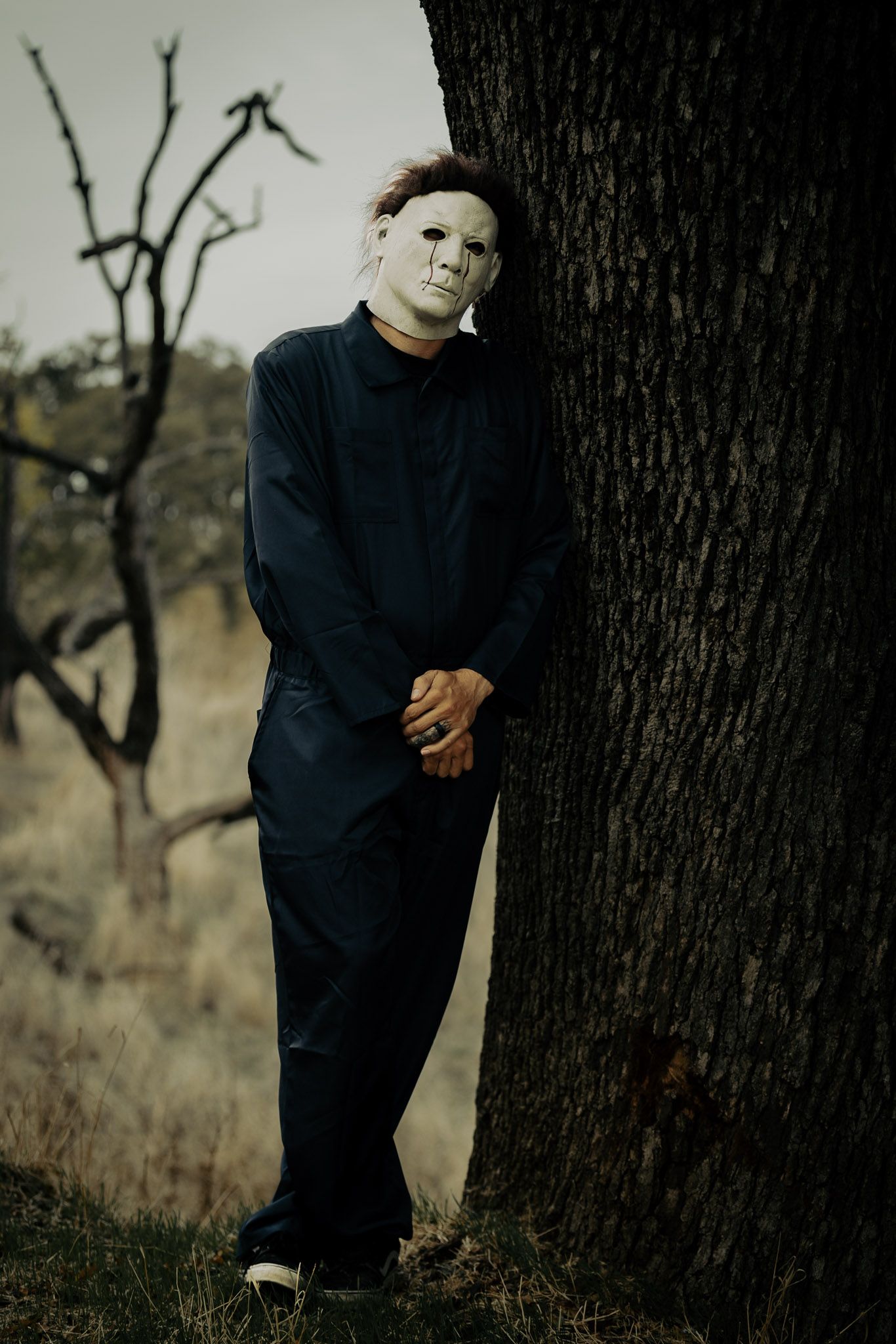 Eerie figure in dark clothing leans against tree trunk in desaturated outdoor setting.