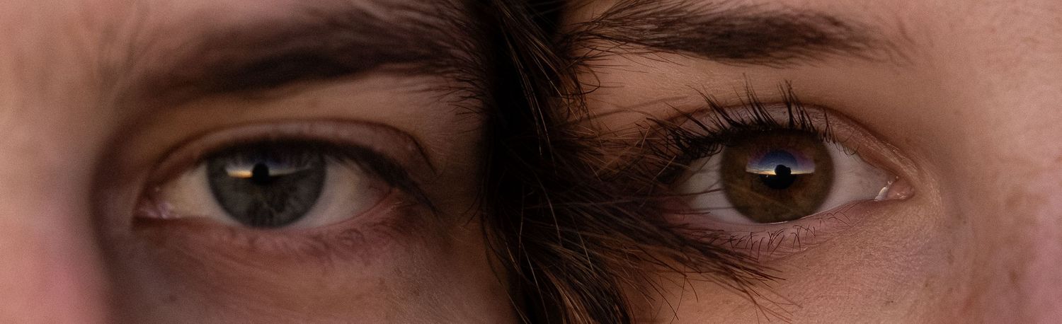 Extreme close-up of dark brown eyes and eyebrows.