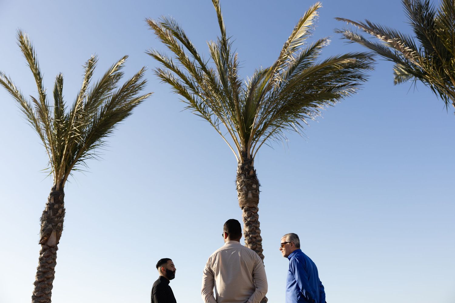 People walking along a beachfront path lined with palm trees on a sunny day at a tropical resort.