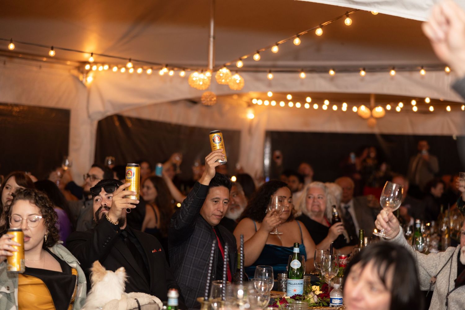Lively wedding celebration with guests dancing and mingling under twinkling lights.