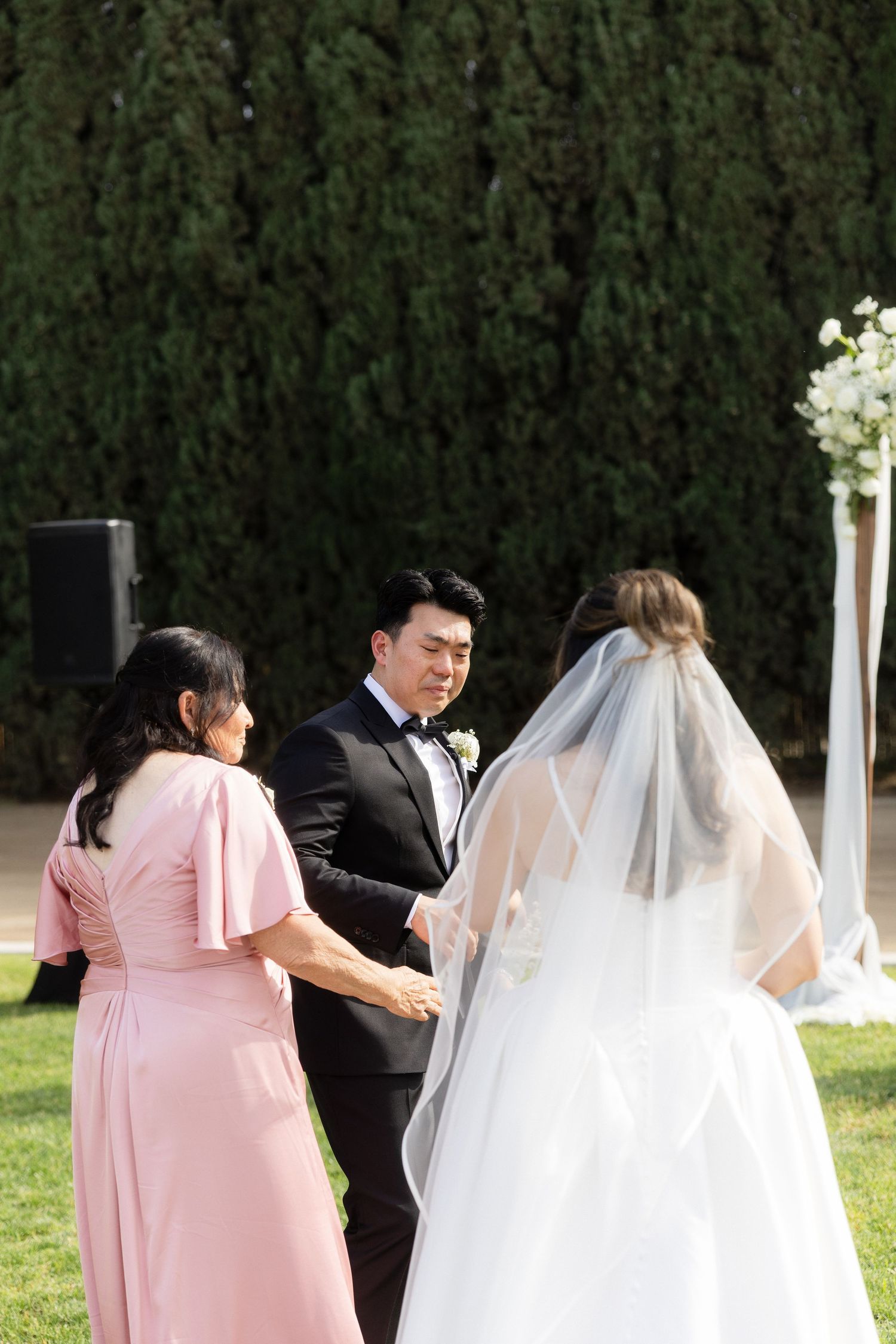 Groom in black tuxedo holds hands with bride in white gown and veil during outdoor wedding ceremony.