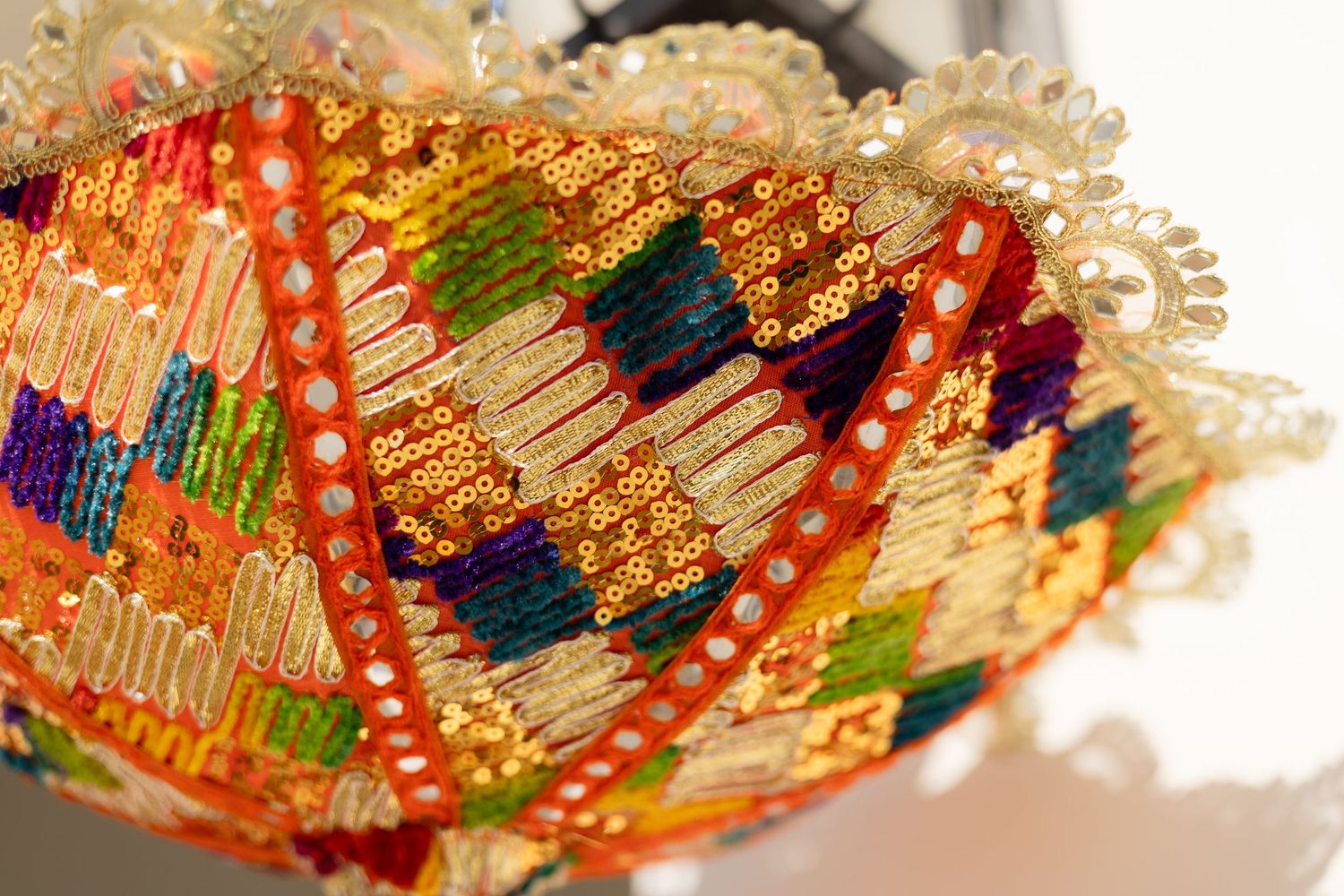 Close-up detail of colorful embroidered fabric with pearl beading and intricate geometric patterns.