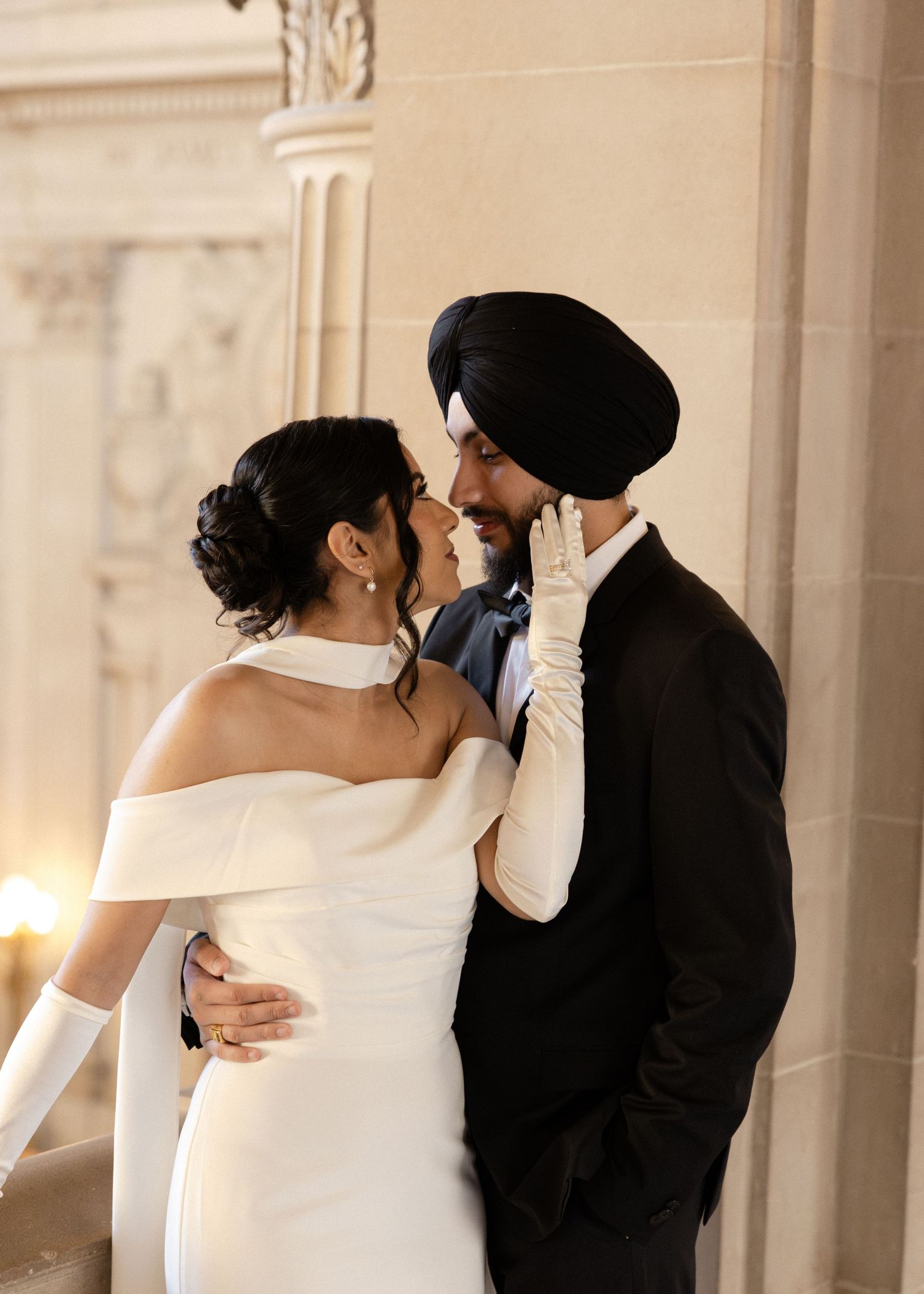 A romantic sequence of poses in an elegant indoor setting with classical architecture.