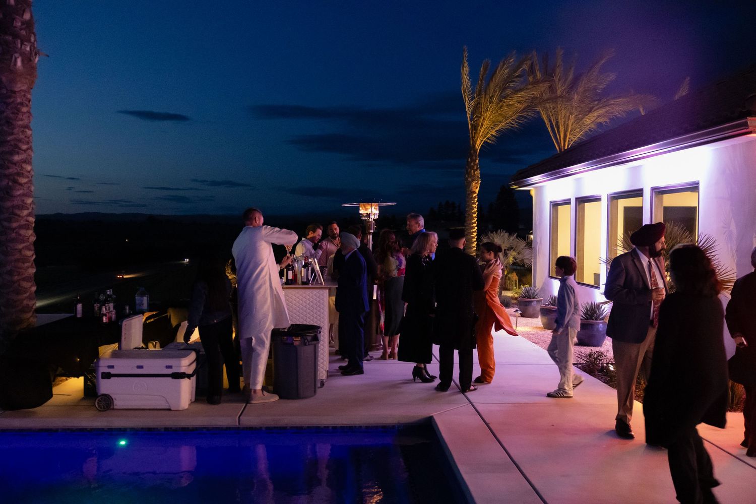 Evening party scene by a pool with purple lighting and palm trees silhouetted against a dark sky.
