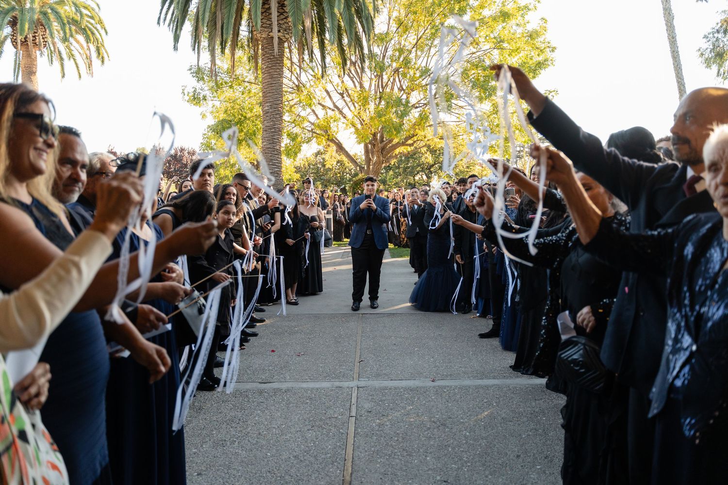 Wedding guests form two lines outside creating a celebratory tunnel under palm trees.