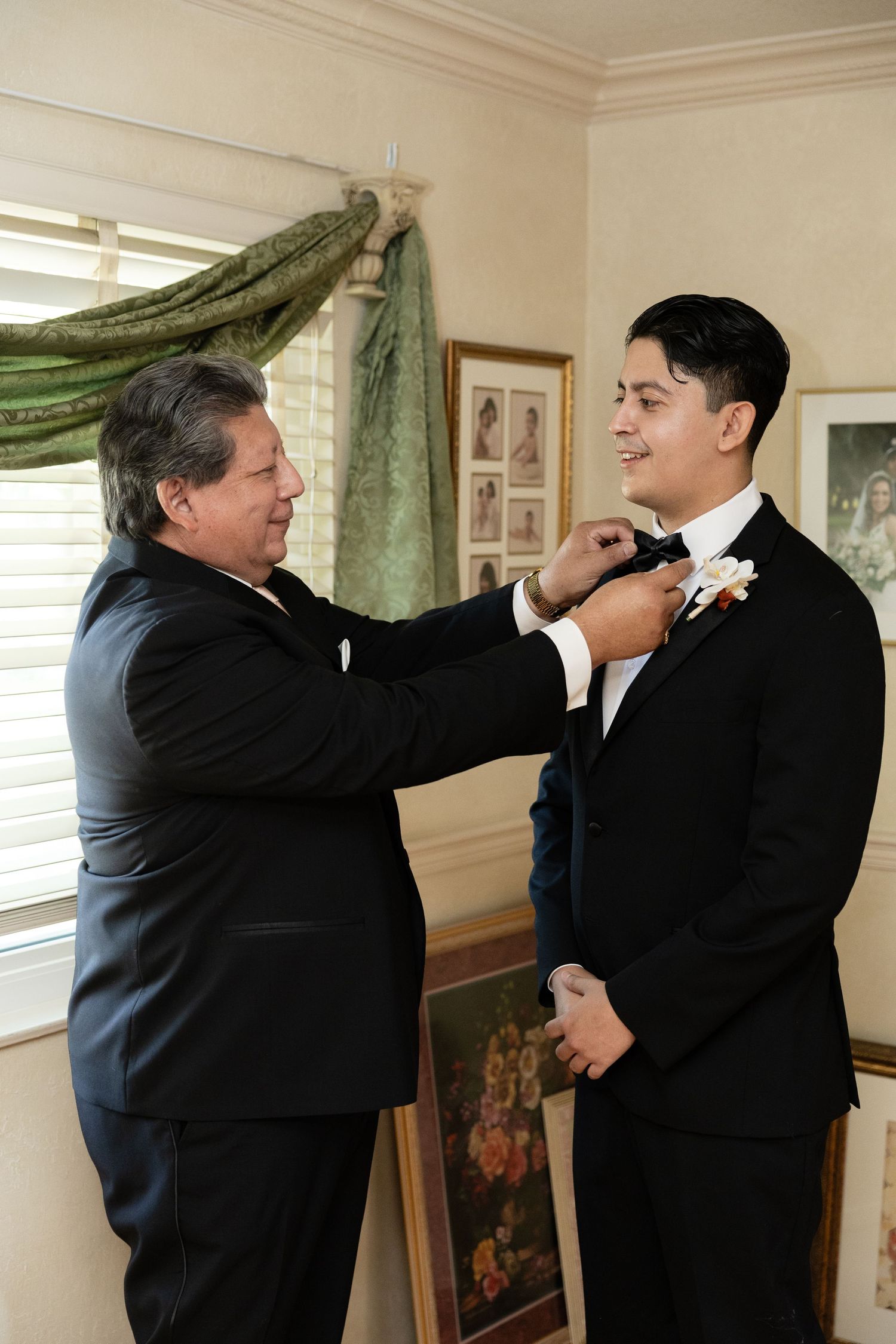 Series of candid shots showing final wedding day preparations and adjustments.