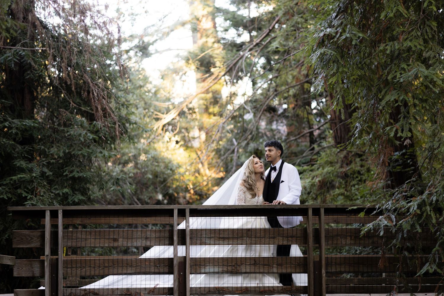 Romantic wedding photo session in a forest setting during golden hour.