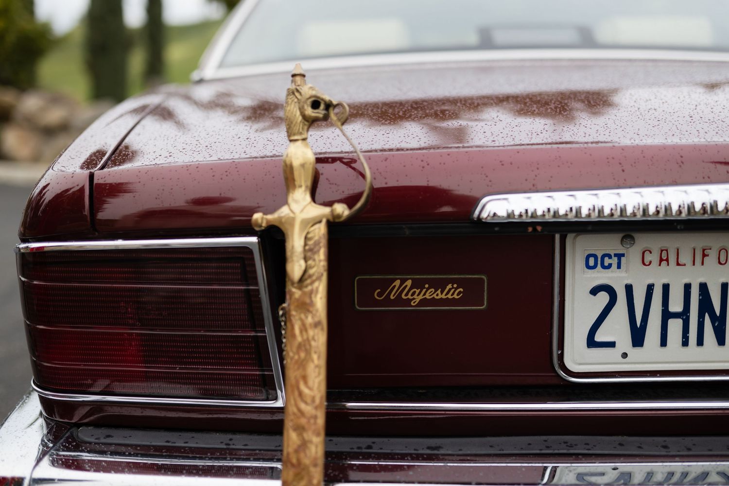 A close-up view of a vintage car's rear end showing license plates and decorative trim details.