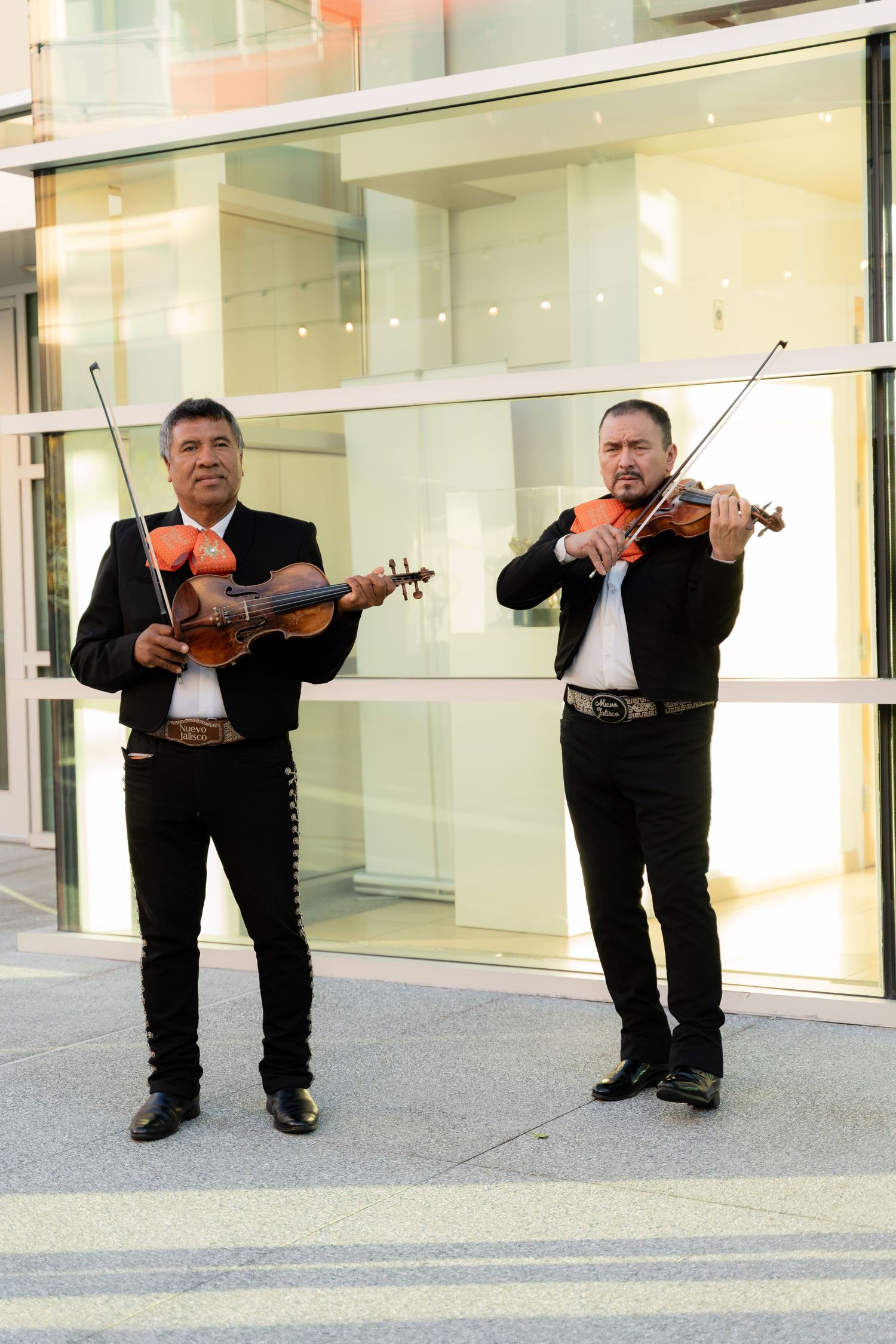 Musicians in formal black attire perform with violins and guitars in a sequence of poses.