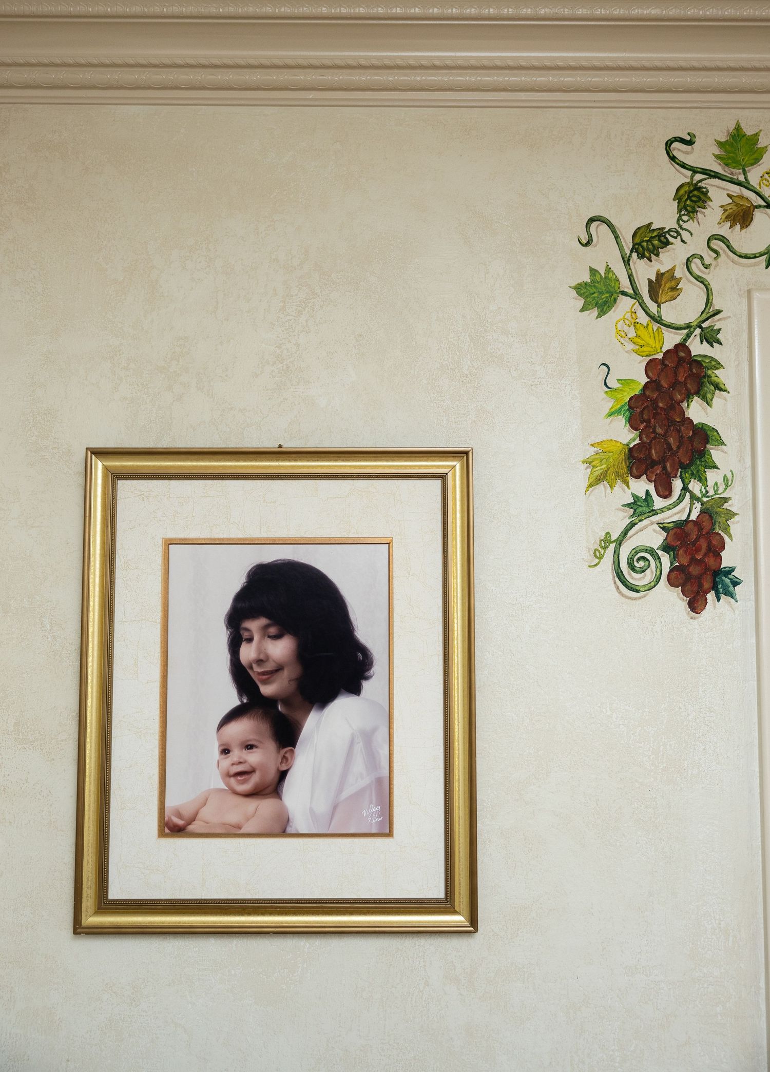 Decorative wall display with gold-framed portraits and painted grapevine accents.