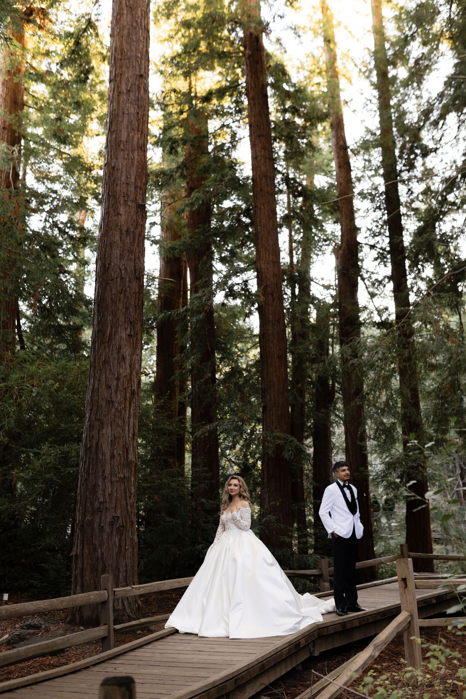 A wedding couple stands on a wooden boardwalk surrounded by towering redwood trees.