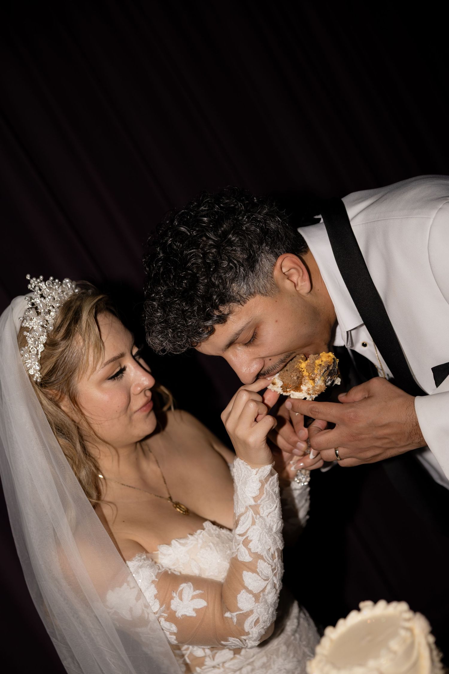 Newlyweds share an intimate moment in a romantic wedding photo sequence.