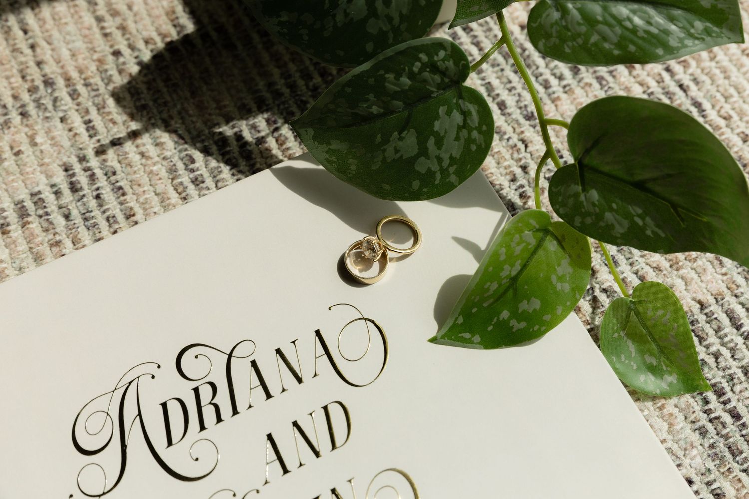 Wedding invitation for Adriana with two gold rings and green leaves on a textured surface.