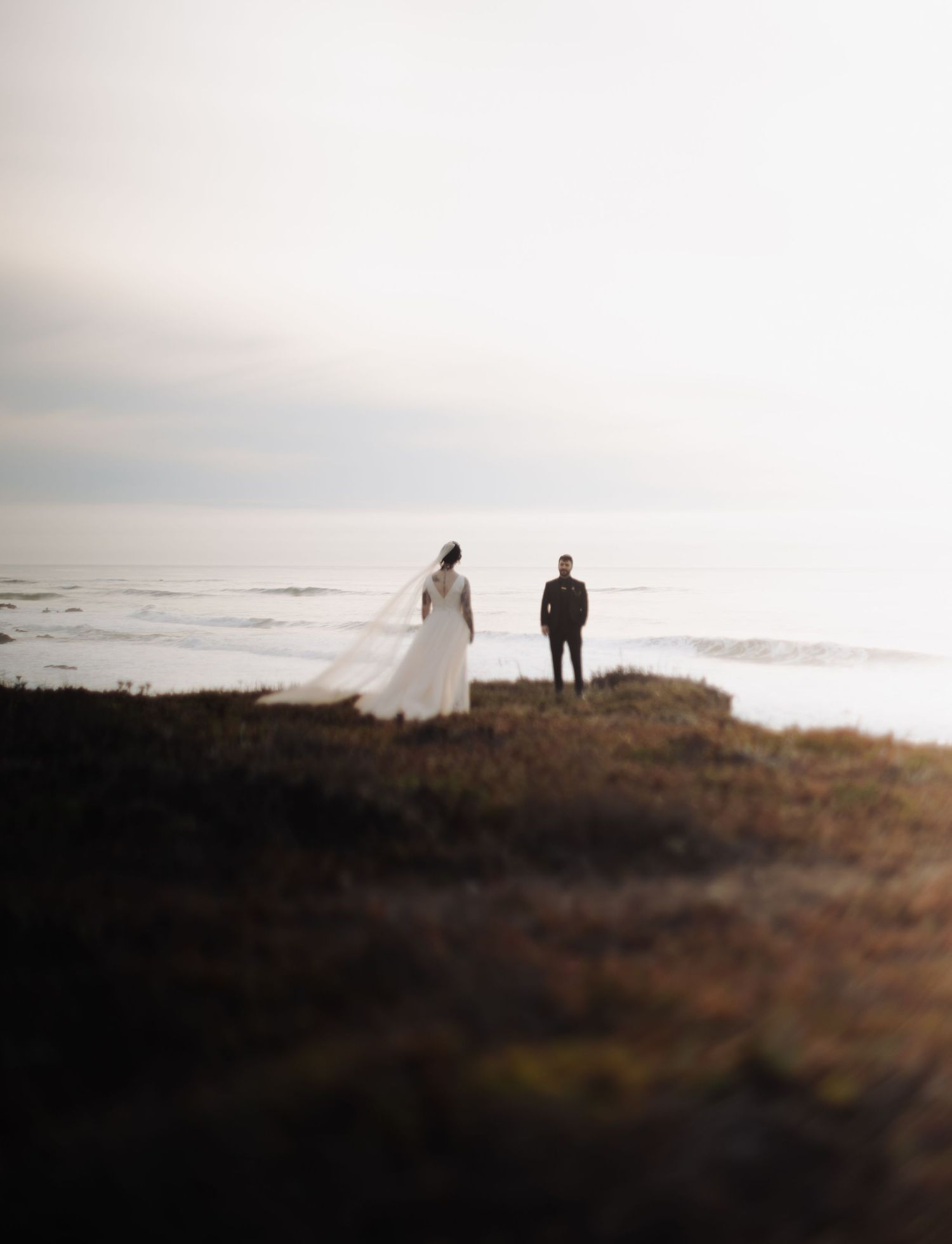 Silhouettes of people stand on a grassy hill against a misty ocean backdrop at dusk.