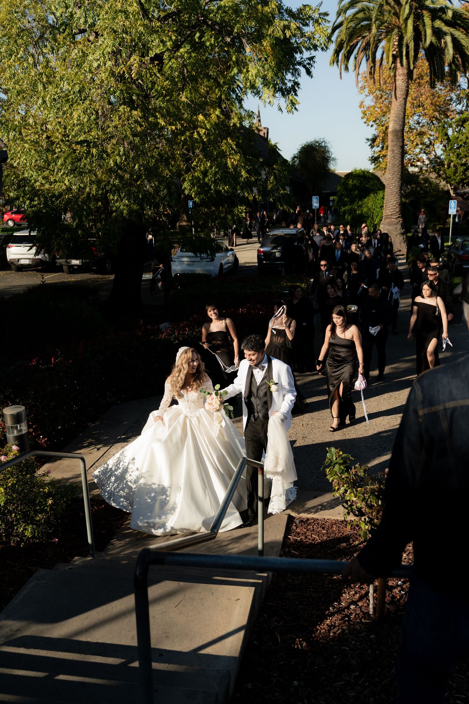 Wedding party walks along a palm tree-lined pathway in formal attire.