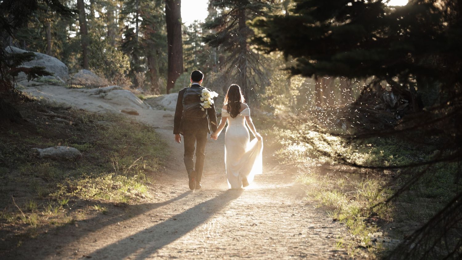 Silhouetted figures walking through sunlit forest path in Yosemite.